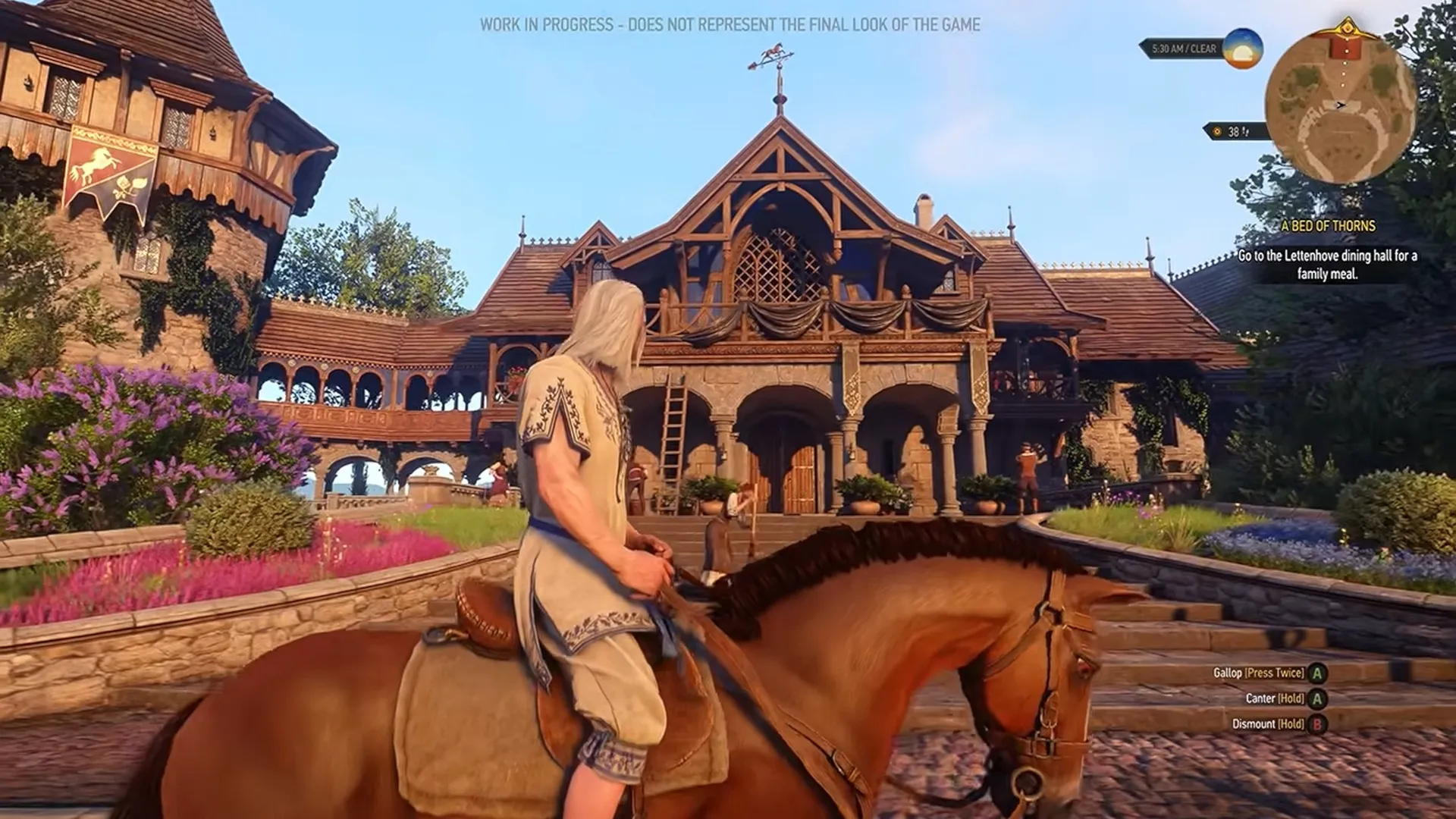 Geralt looks out at Dandelion's childhood manor home on the back of his horse Roach in The Witcher 3: Songs of the Past expansion