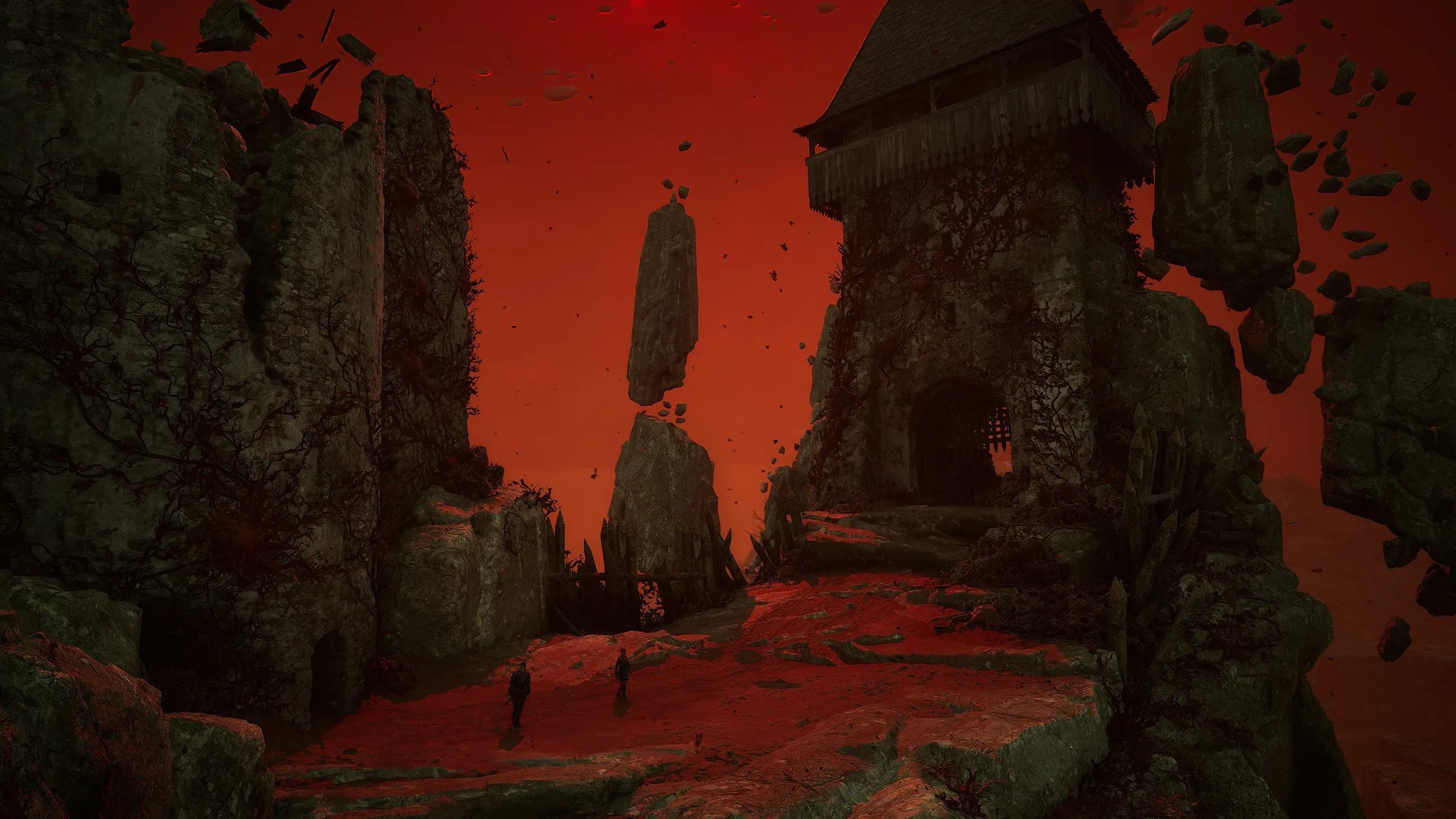 A vast red otherwordly landscape with floating rocks and an old stone building in The Blood of Dawnwalker