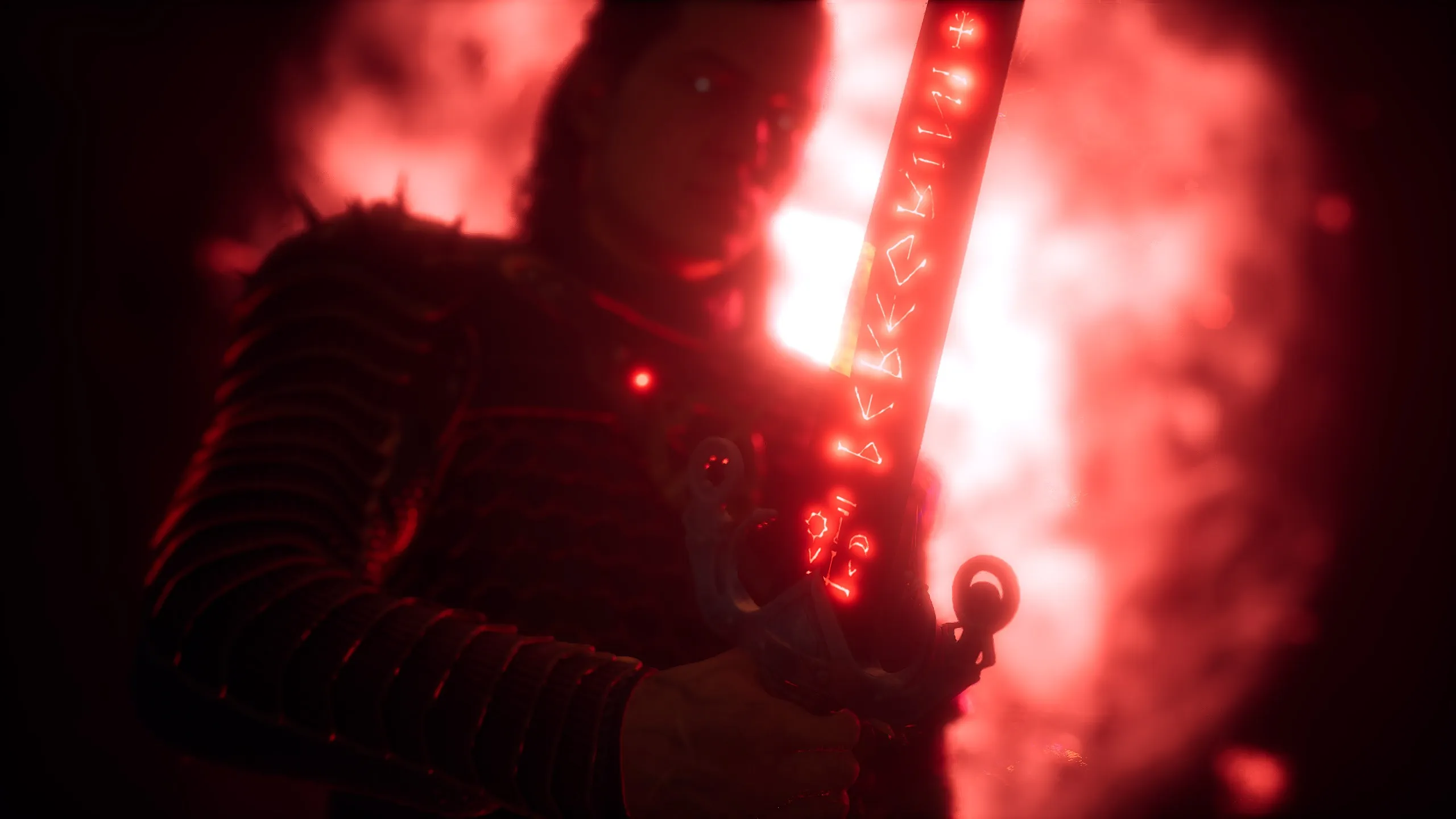 Coen holding a sword with glowing red sigils in front of a strange crimson font of energy in The Blood of Dawnwalker