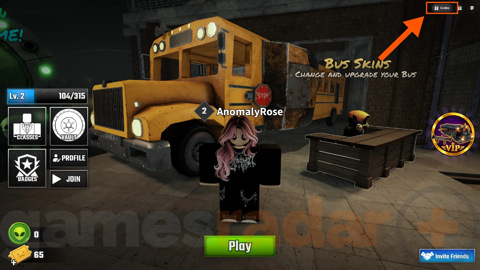 An orange arrow points to the codes button where you can redeem codes in Last Stop on Roblox.