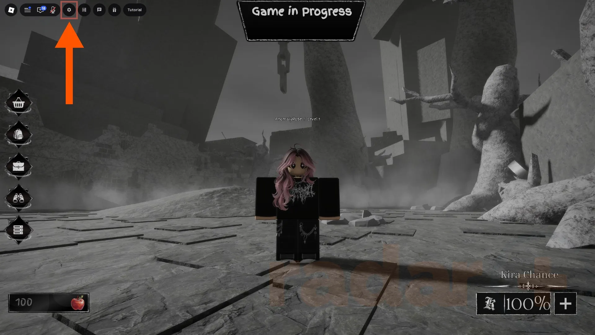 An orange arrow points to the settings menu button where you can redeem Bloxnote codes.