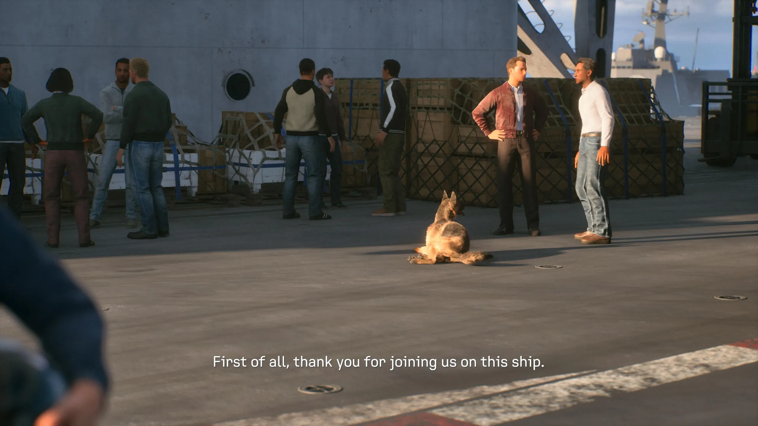 Ace Combat 8 screenshot showing people talking on a carrier with a dog lying down