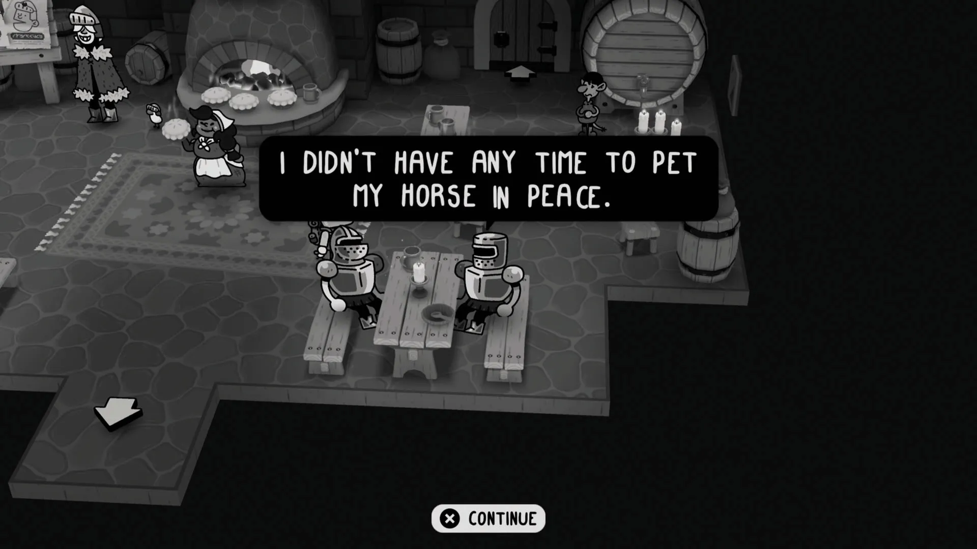Knights speak in an inn in Toem 2, with one saying "I didn't have any time to pet my horse in peace"