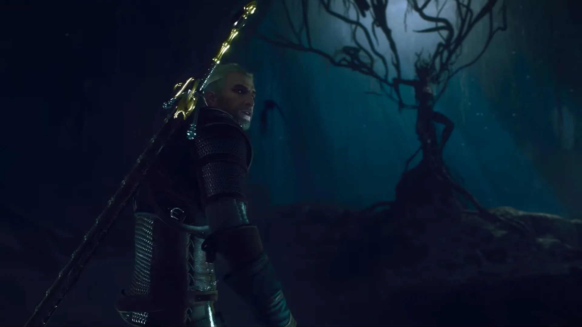 In The Witcher 3: Songs of the Past expansion, Geralt looks back over his shoulder as he approaches an ominous figure under moonlight that's made of thorns