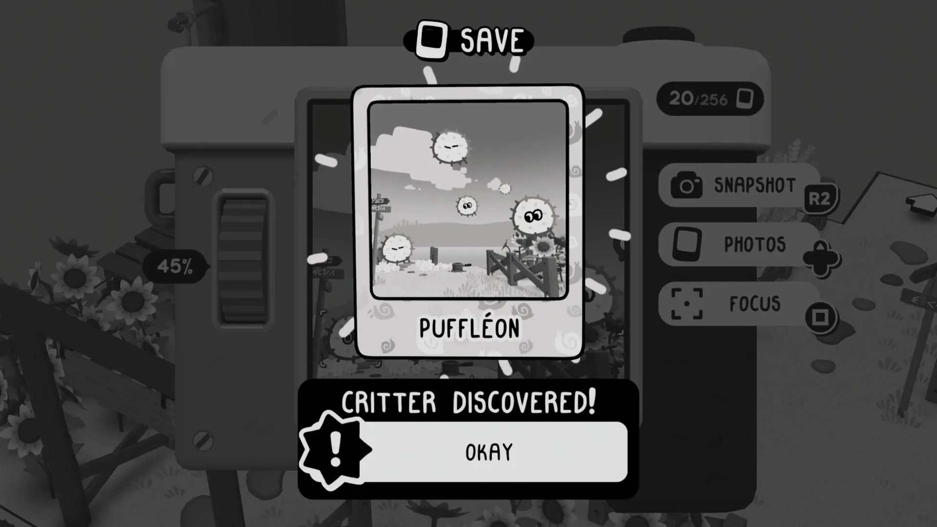 A photograph of a Puffleon in Toem 2, with the 'critter discovered' text