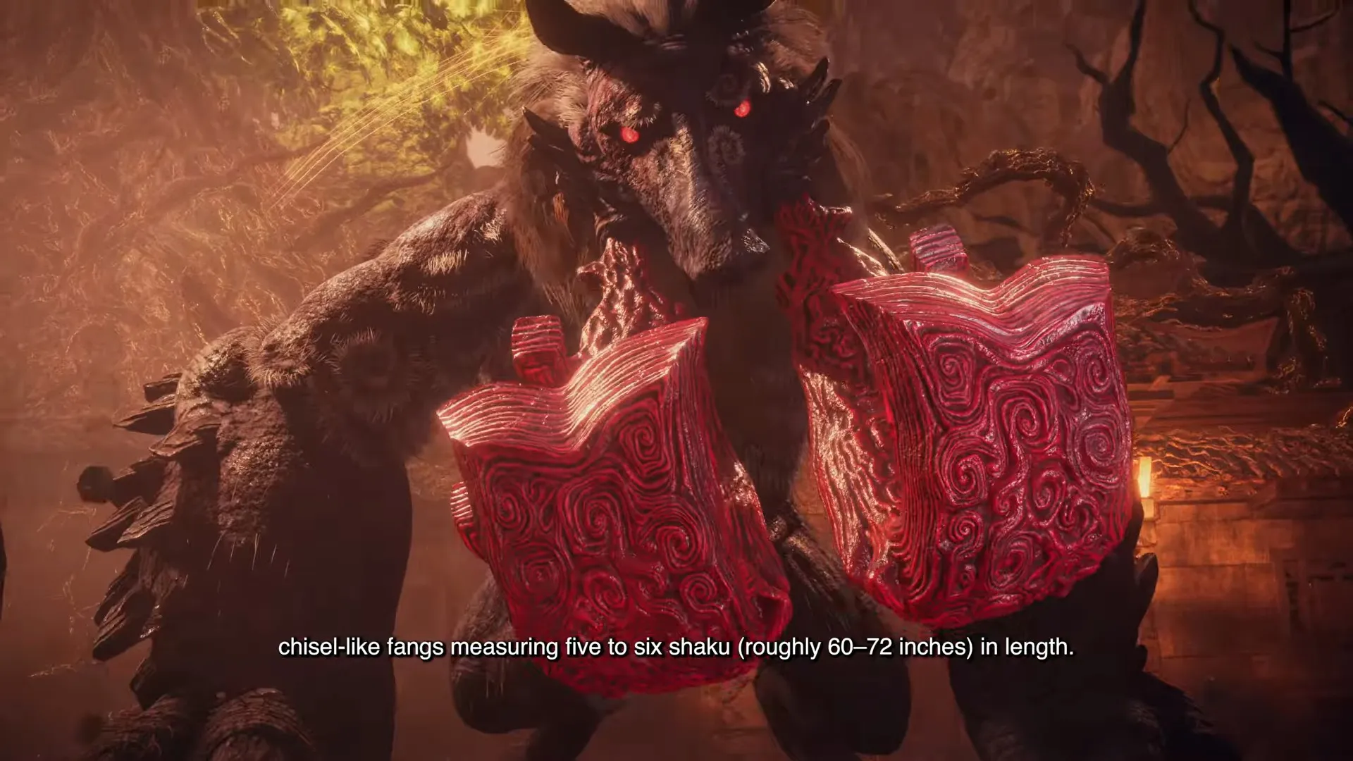 A large, monstrous creature with chisel-like fangs and red, ornate armor-like structures, set in a dark, eerie environment.