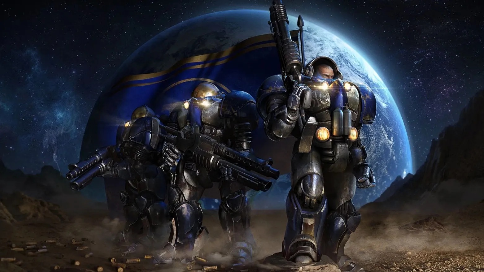 Three armored soldiers in blue and metallic suits stand on a dusty, rocky planet surface against a backdrop of a large, glowing blue planet in space.