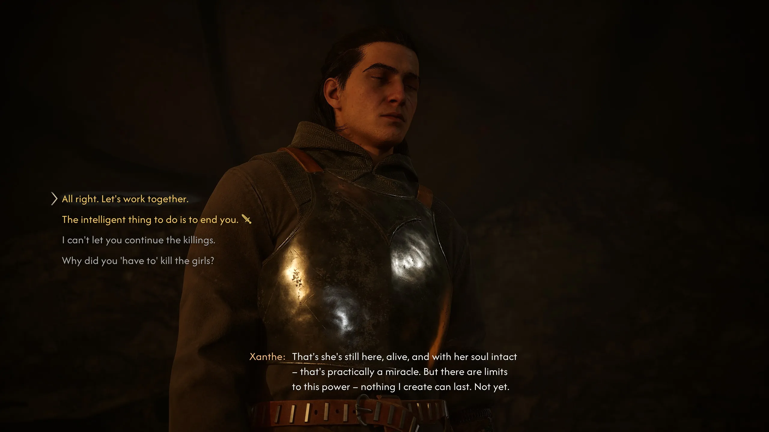 A dialogue screen in The Blood of Dawnwalker where Coen must decide whether to kill or spare Xanthe