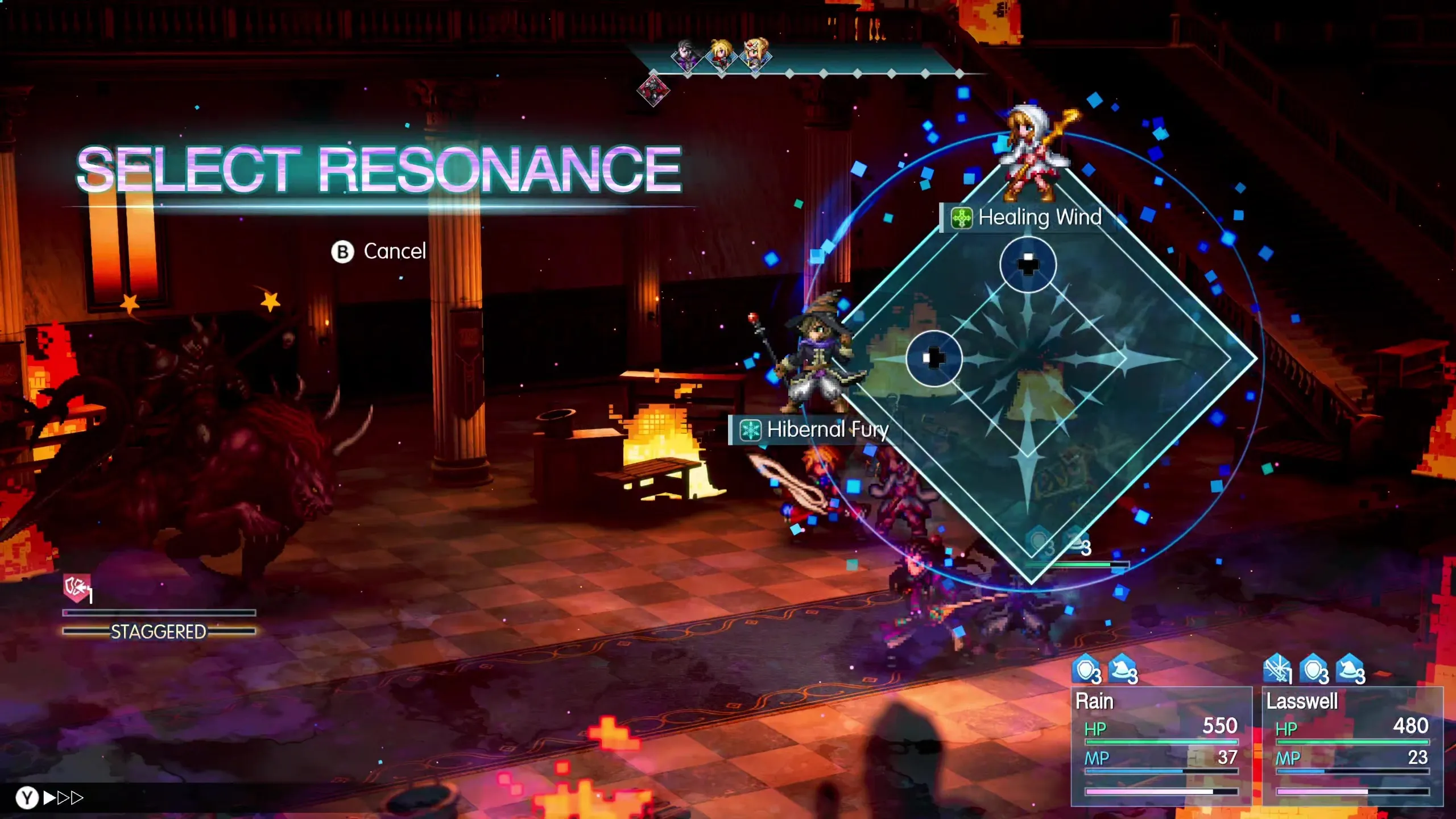 Fantasy video game battle in a fiery hall: glowing blue &amp;ldquo;Select Resonance&amp;rdquo; menu overlays heroes, enemies, and healing abilities, creating a tense mood.