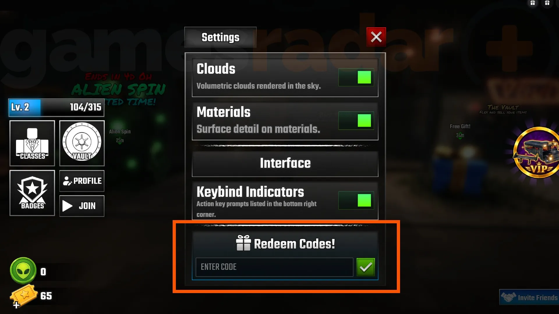 The Last Stop codes redemption box at the bottom of the game's settings menu.
