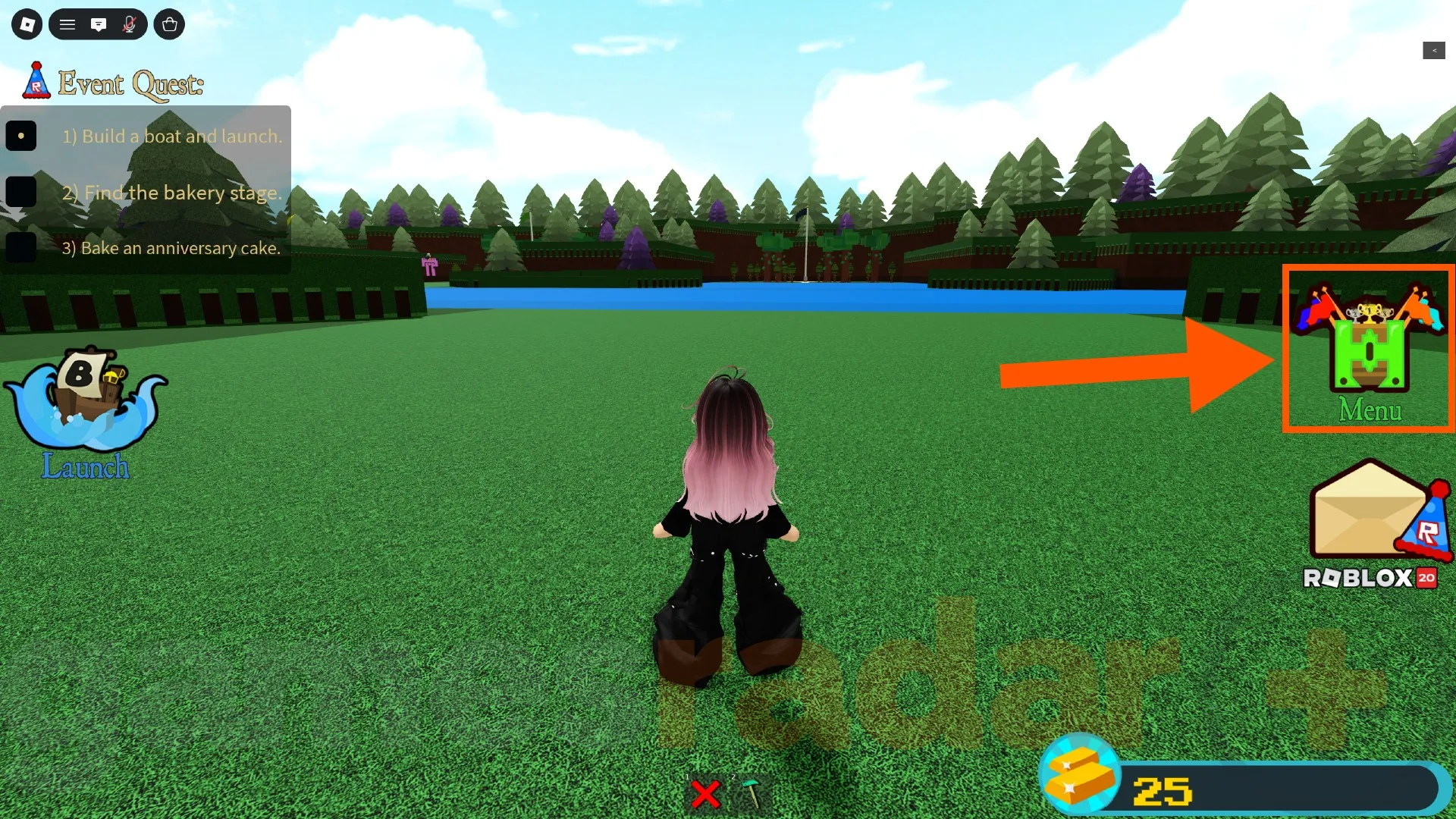 An orange arrow points to the Menu button where you can redeem Build a Boat for Treasure codes.