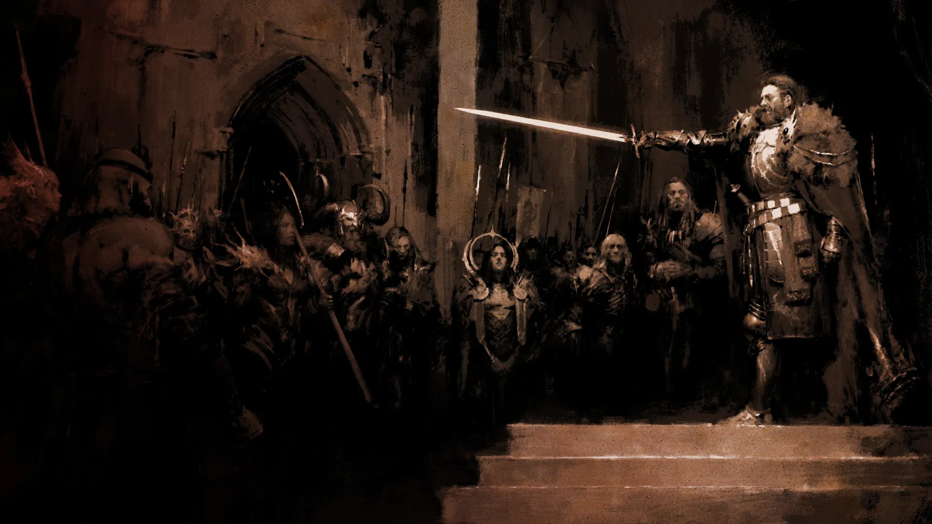 Diablo 5 concept art of a character portrait showing an armored man holding out a sword as he addresses a group of followers