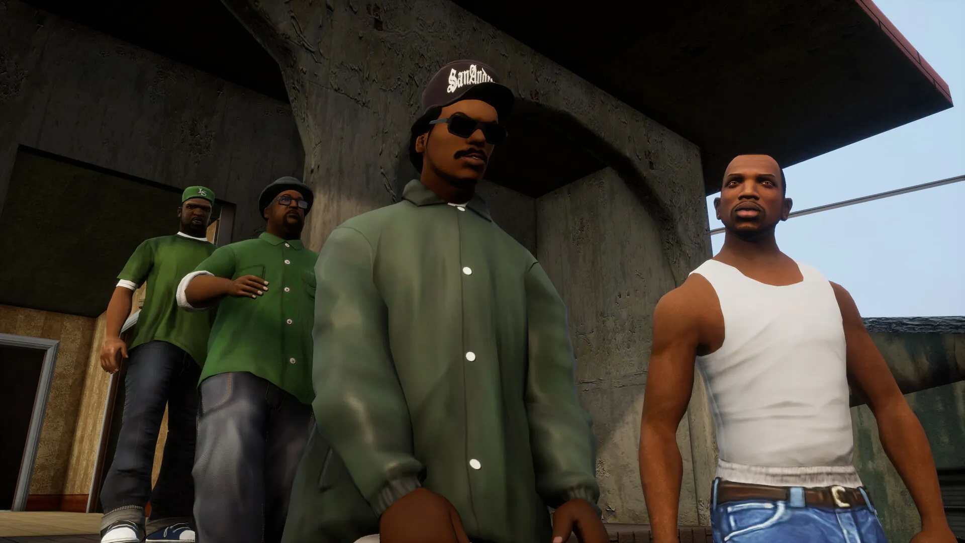 Protagonist Carl "CJ" Johnson walking out of a house in GTA San Andreas with Melvin Harris (Big Smoke), Lance Wilson (Ryder), and Sean Johnson (Sweet)