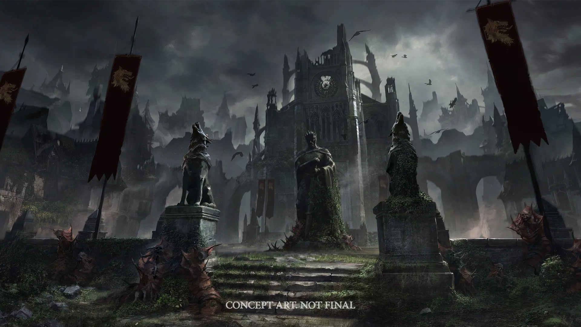 Diablo 5 concept art for the setting of Sanctuary which shows a statue before the ruins of a cathedral-like structure amidst a dark, grey sky