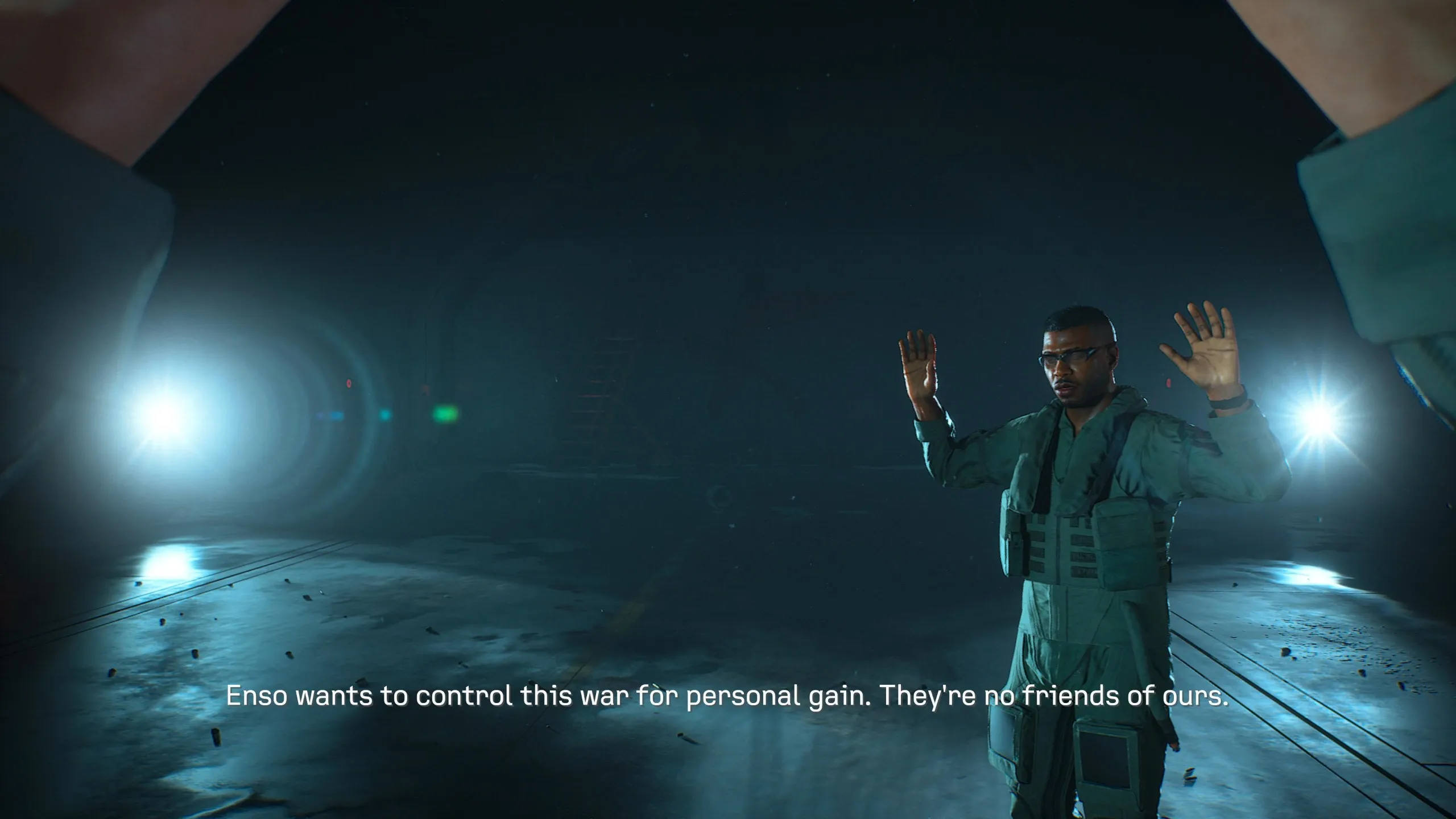 Ace Combat 8 screenshot showing a character with his arms raised
