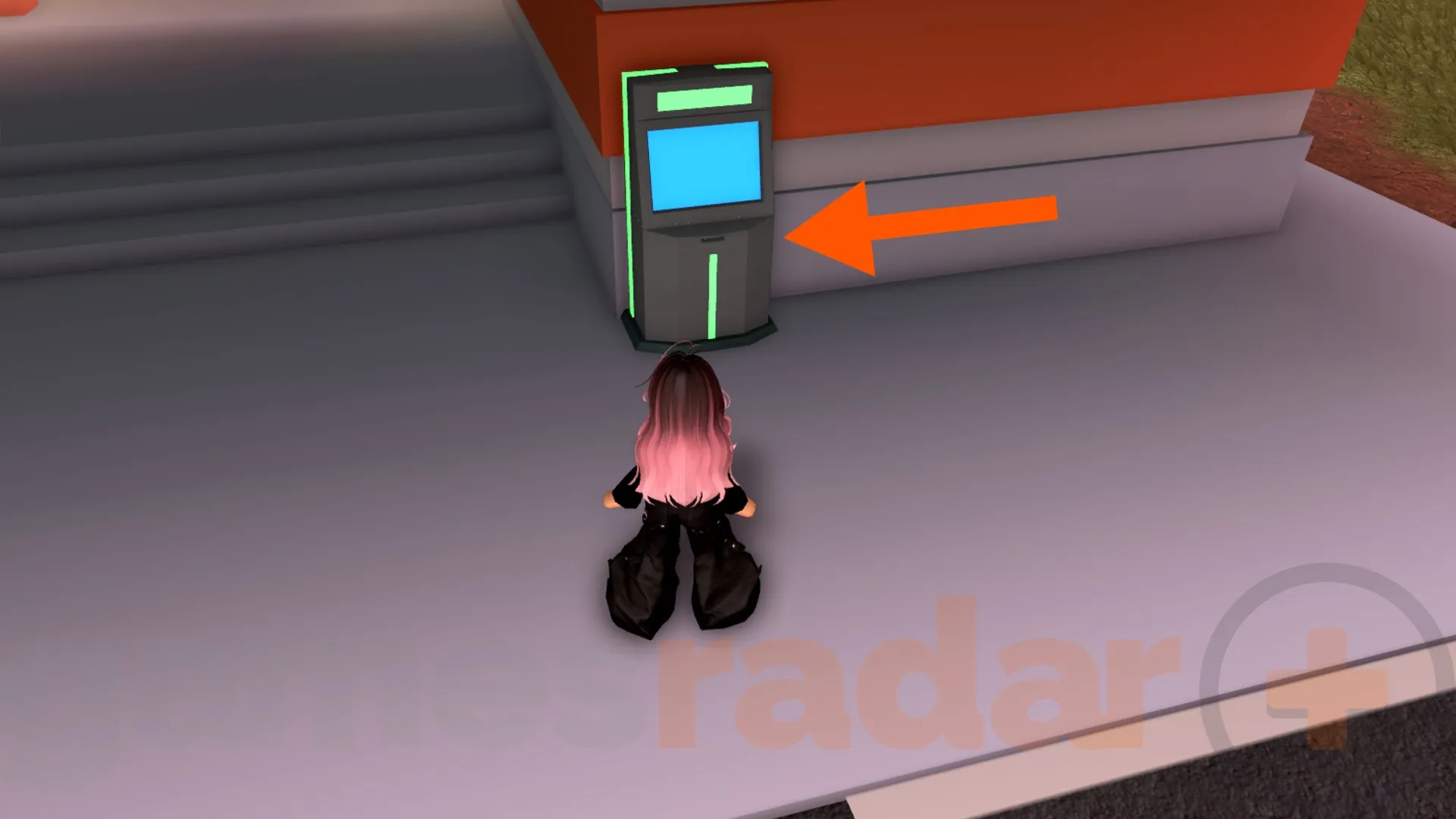 An orange arrow points to an ATM in Jailbreak, where you can redeem codes.