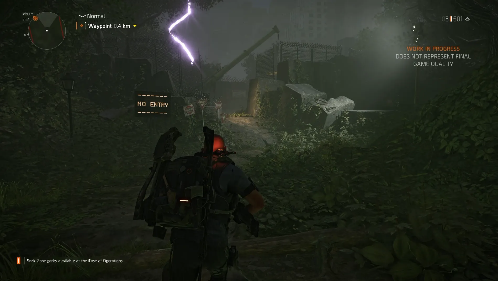 A screenshot from The Division 2 Echoes of Central Park exploring the Central Park location and seeing a no entry electronic sign with purple lightning in the background