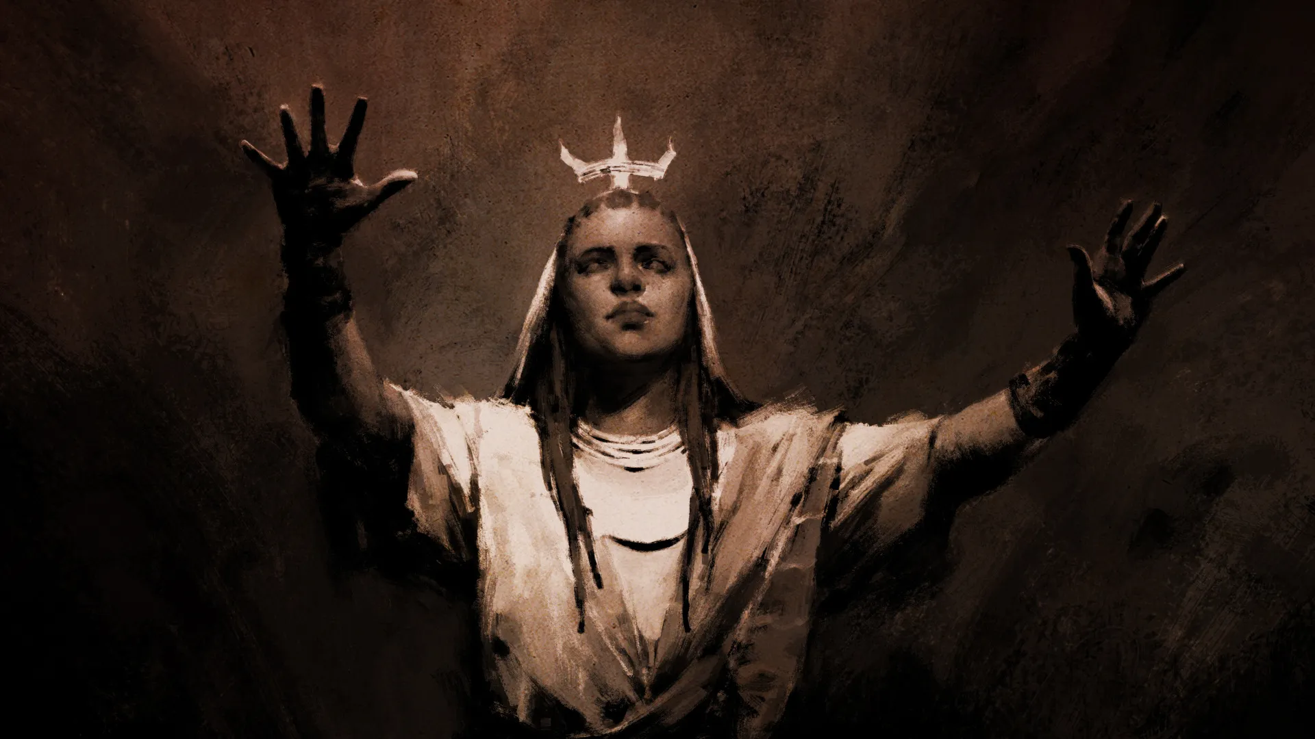 Diablo 5 concept character art showing a woman with her arms raised in the air and a crown-like ornament atop her head