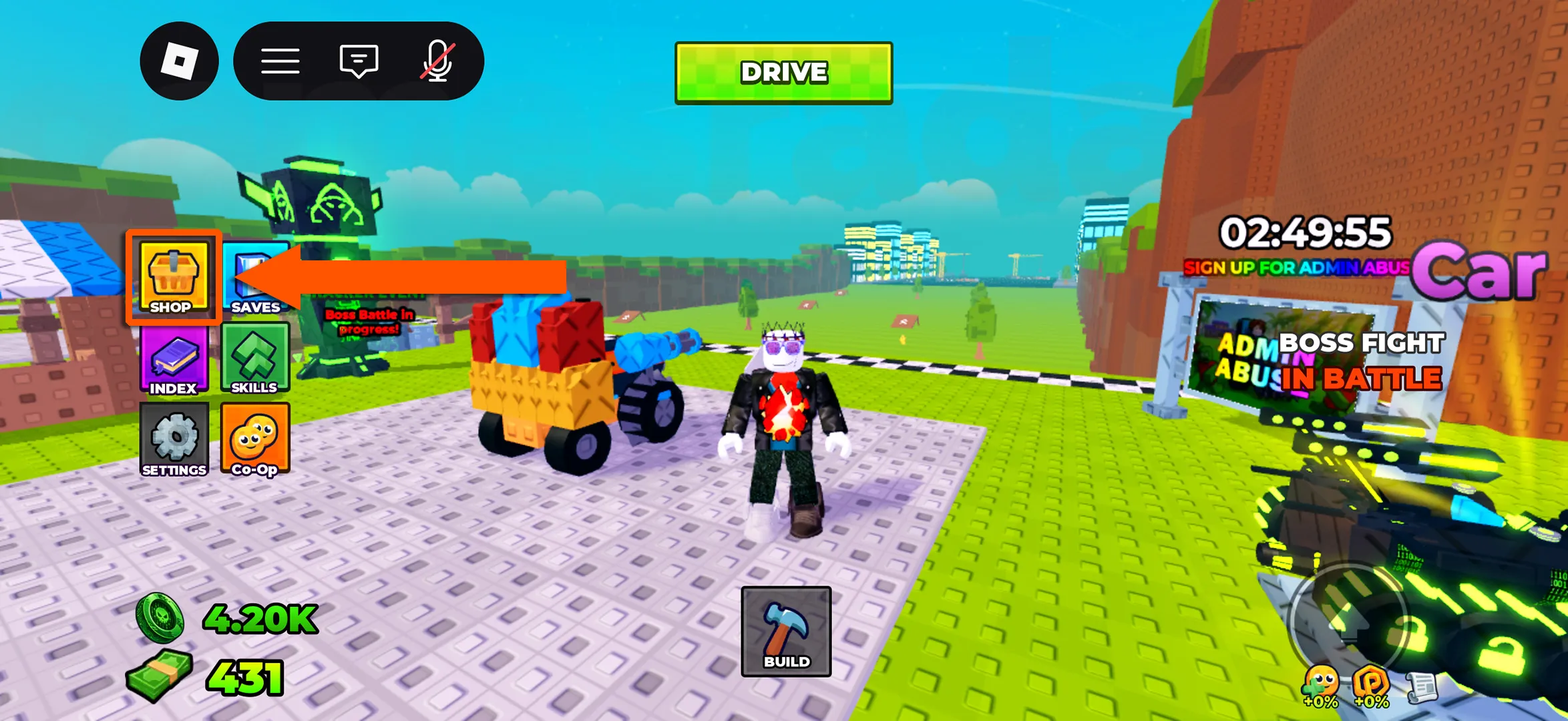 An orange arrow showing how to access the Shop menu to redeem Build and Kill Zombies codes