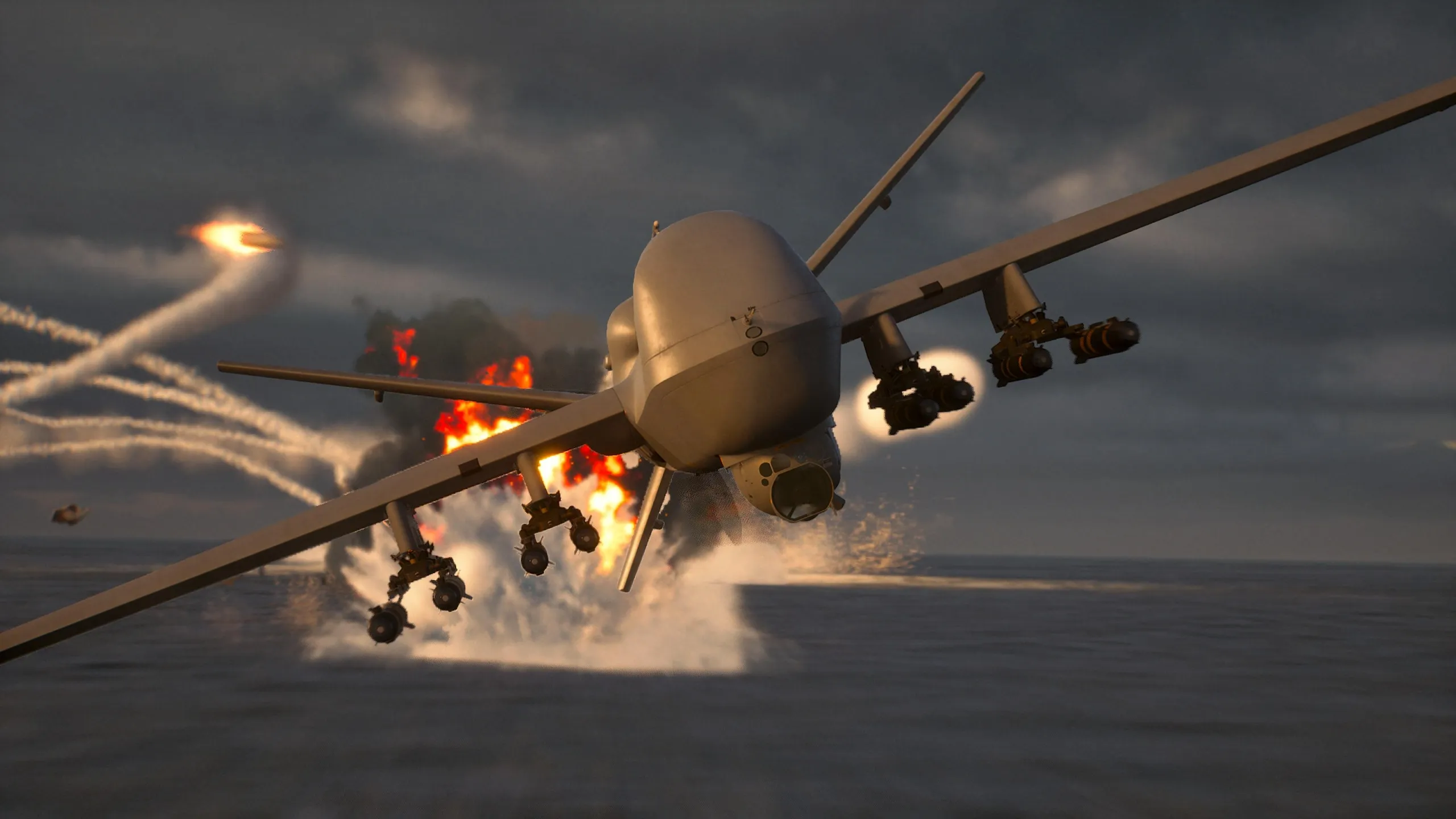 Ace Combat 8 screenshot showing a drone flying away from explosions