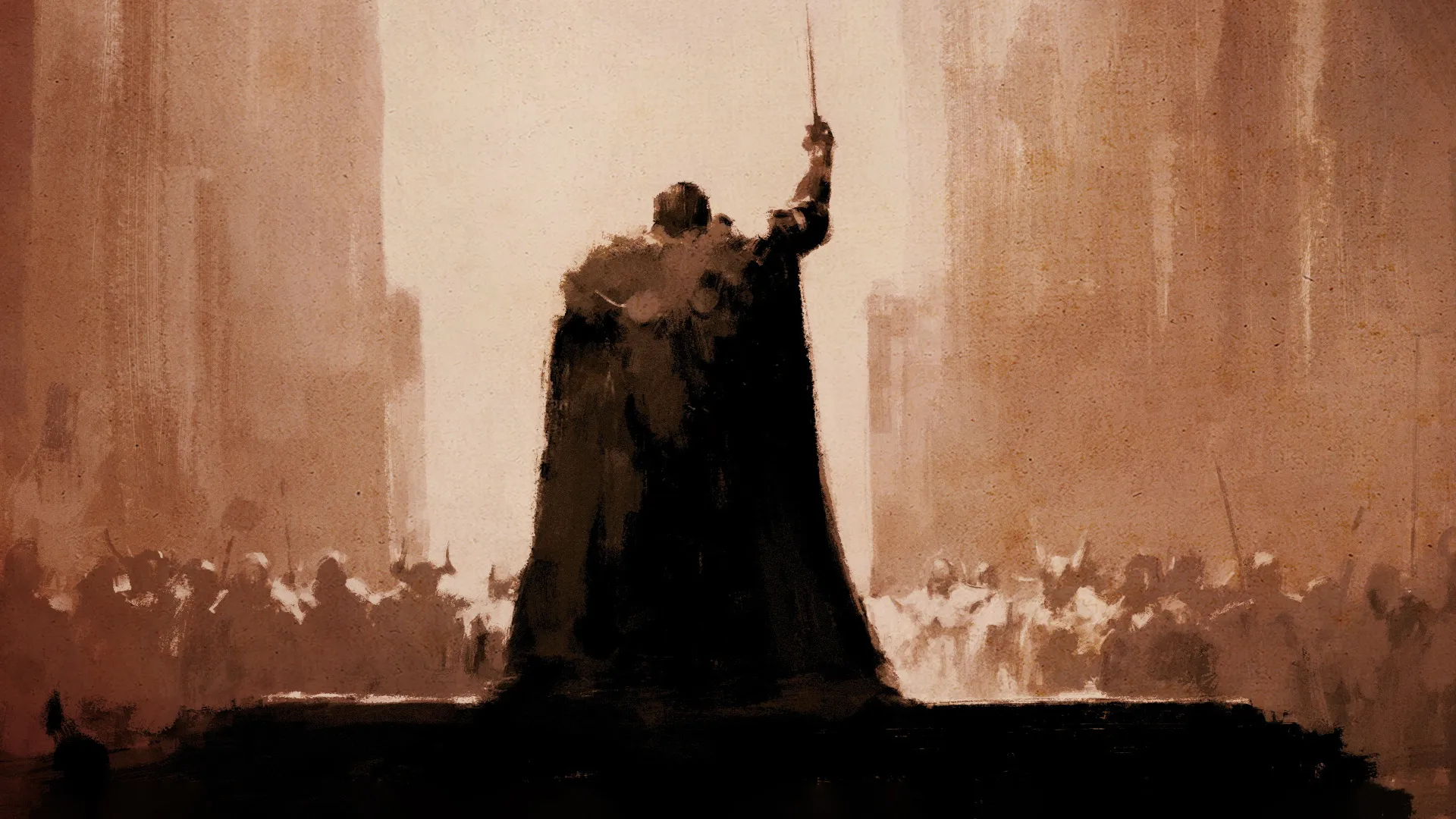 Diablo 5 concept art showing a figure standing on an elevated platform and raising a sword in the air as they face a crowd in the background