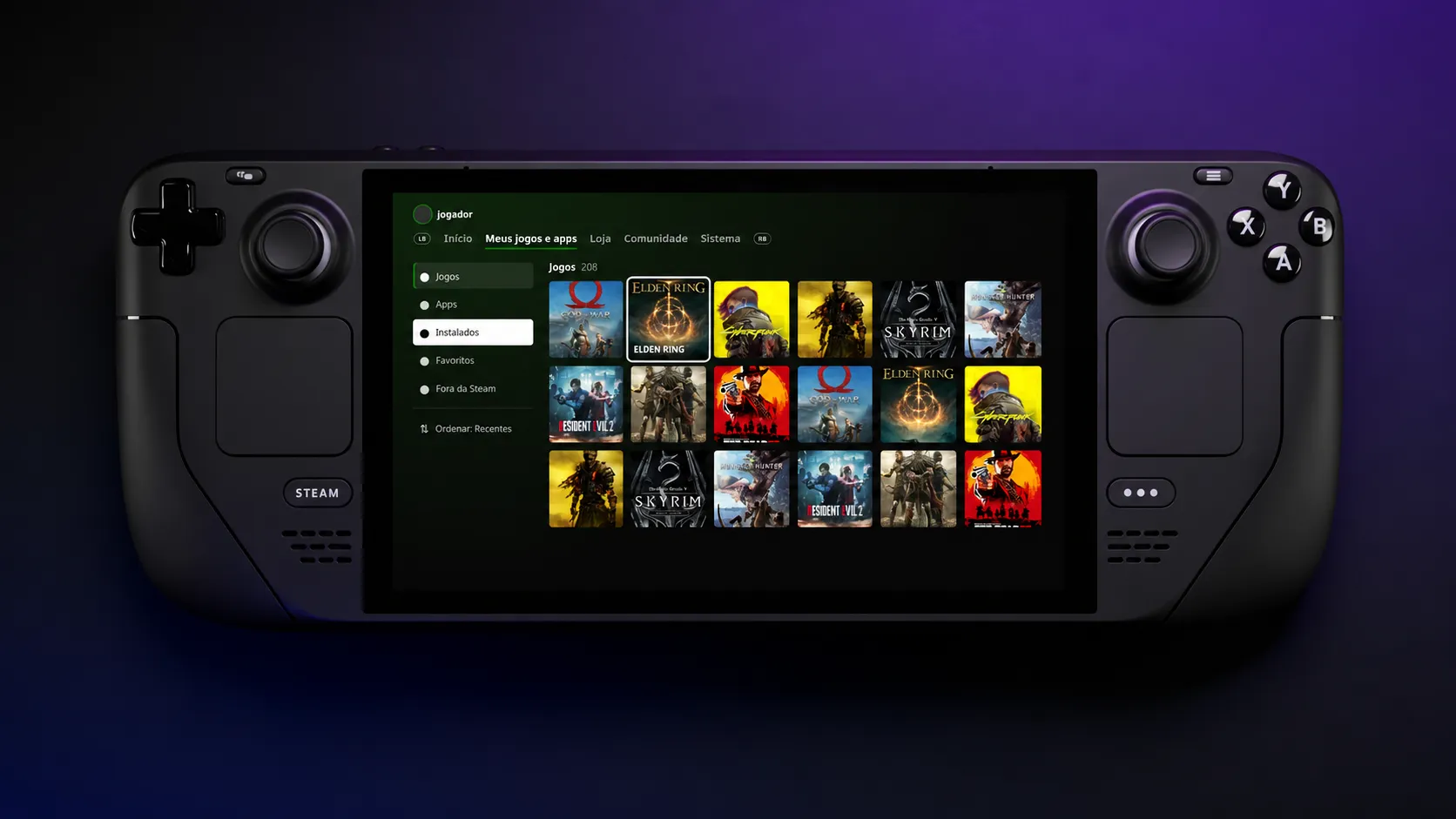 Steam Deck displaying the Xbox Series-style dashboard through the Decky Xbox Dashboard plugin, showing a library of games including Elden Ring, God of War, and Cyberpunk 2077.