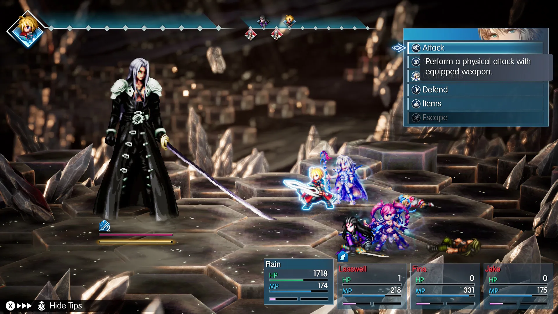 Rain and the party fight Sephiroth in Final Fantasy Resonance, whose sprite is several times larger than that of the heroes
