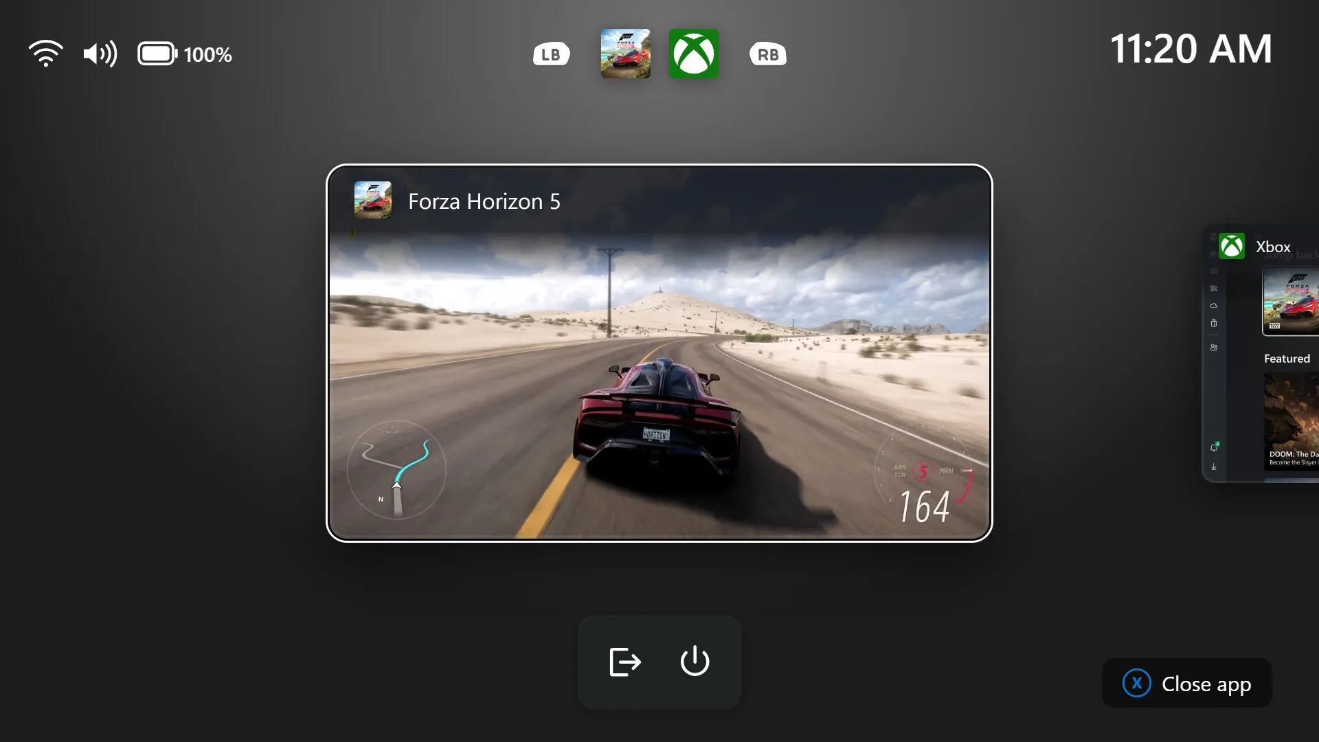 The gaming task view in XBOX mode on Windows 11 displays Forza Horizon 5 in the foreground, recent apps across the top, system status indicators, and controls for closing the current app.