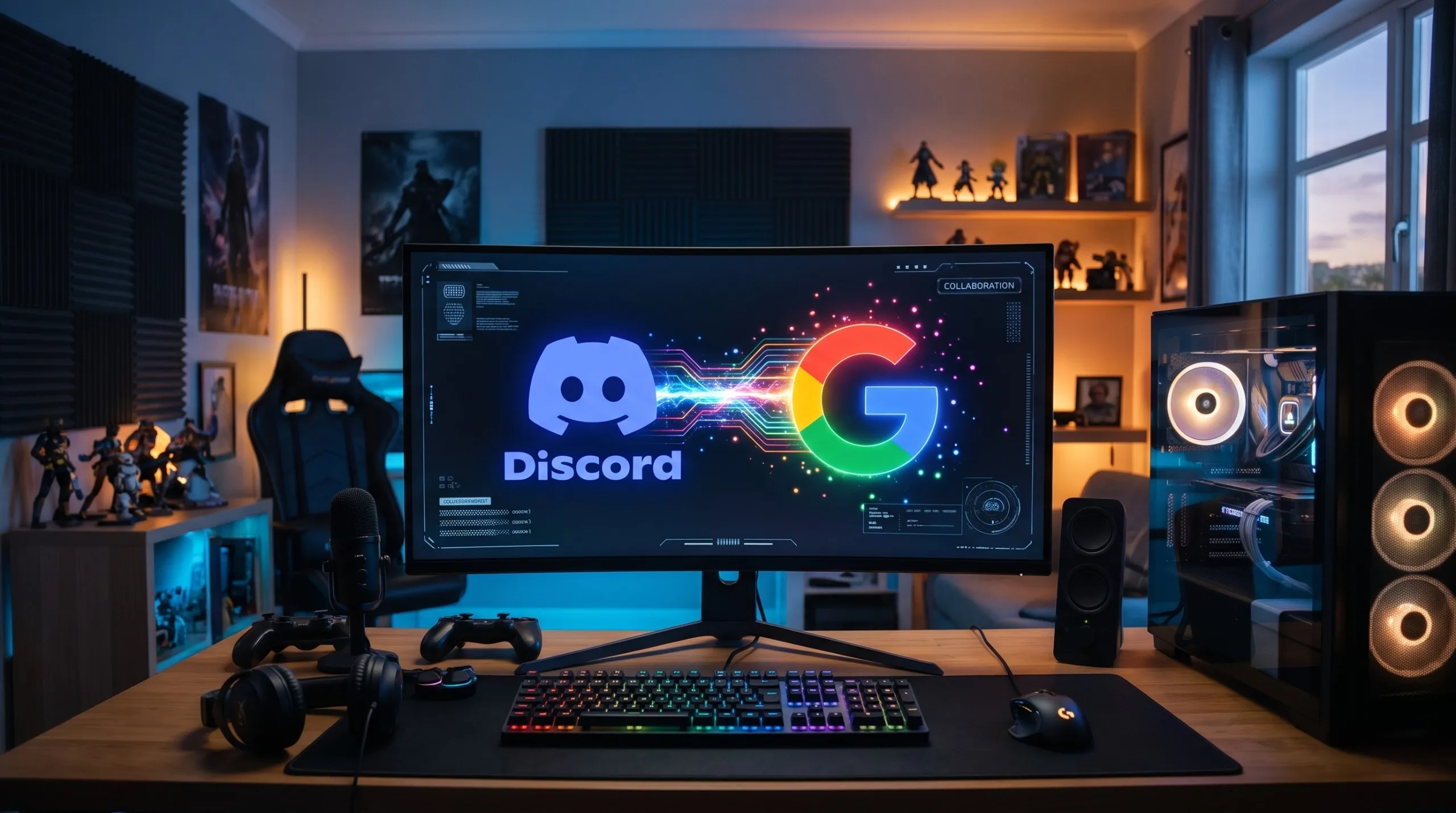 A cozy tech-and-gaming desk glows blue and amber; a monitor displays Discord and Google logos beside an RGB PC, headset, speakers, and collectibles.