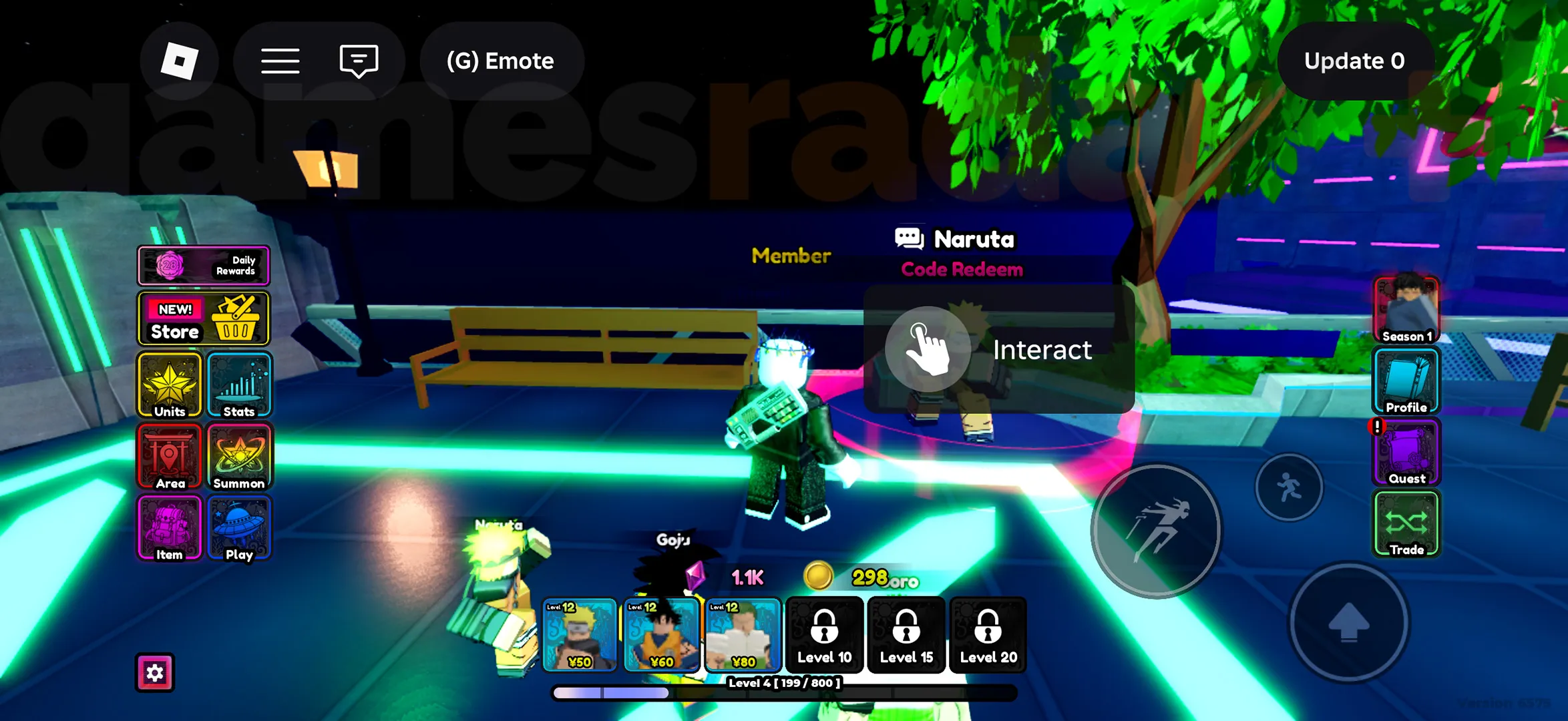 Interacting with Naruta in the lobby to access the menu used to redeem Anime Mysterious codes