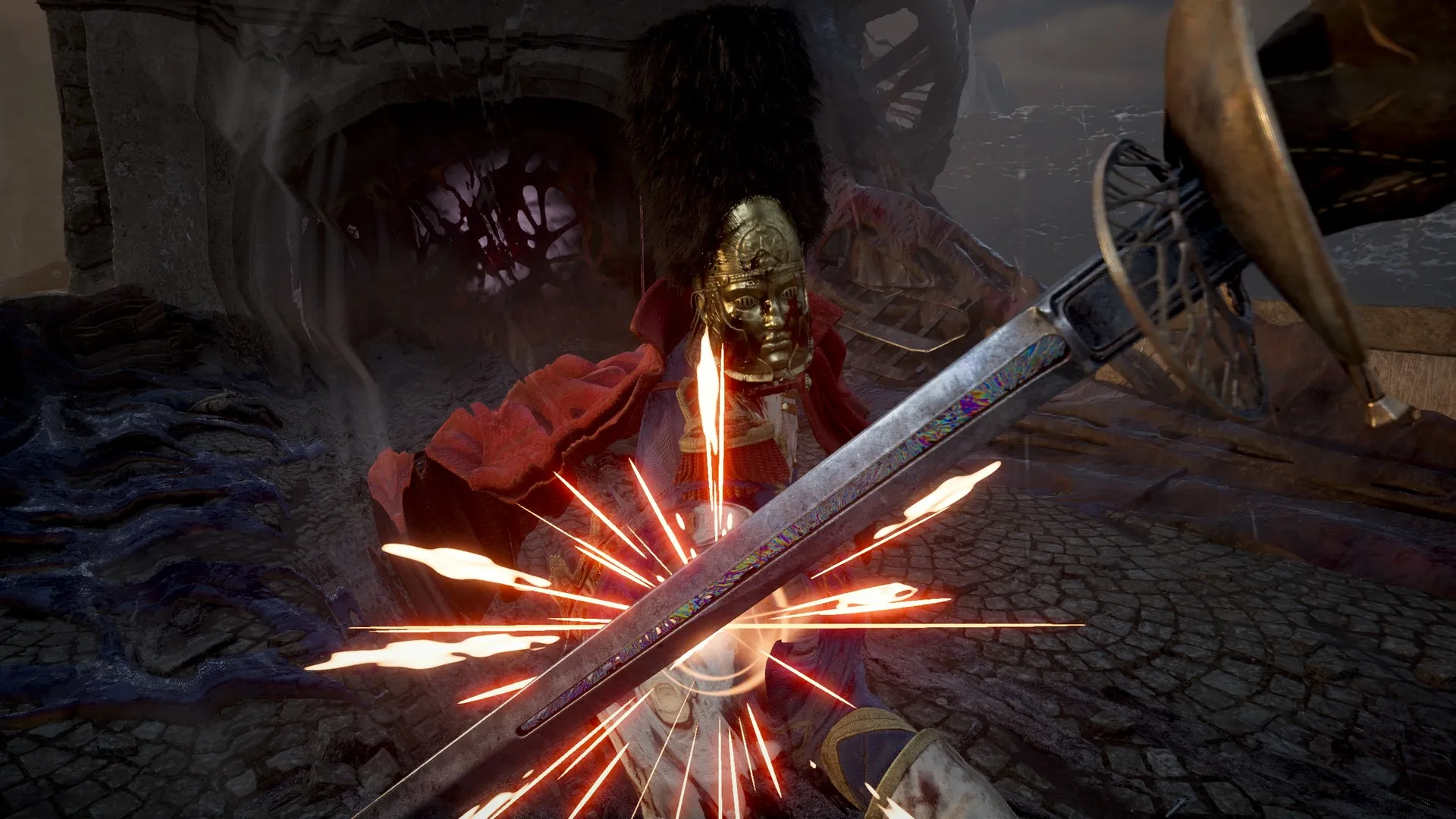 Clashing blades with an enemy wearing a gold mask in Valor Mortis