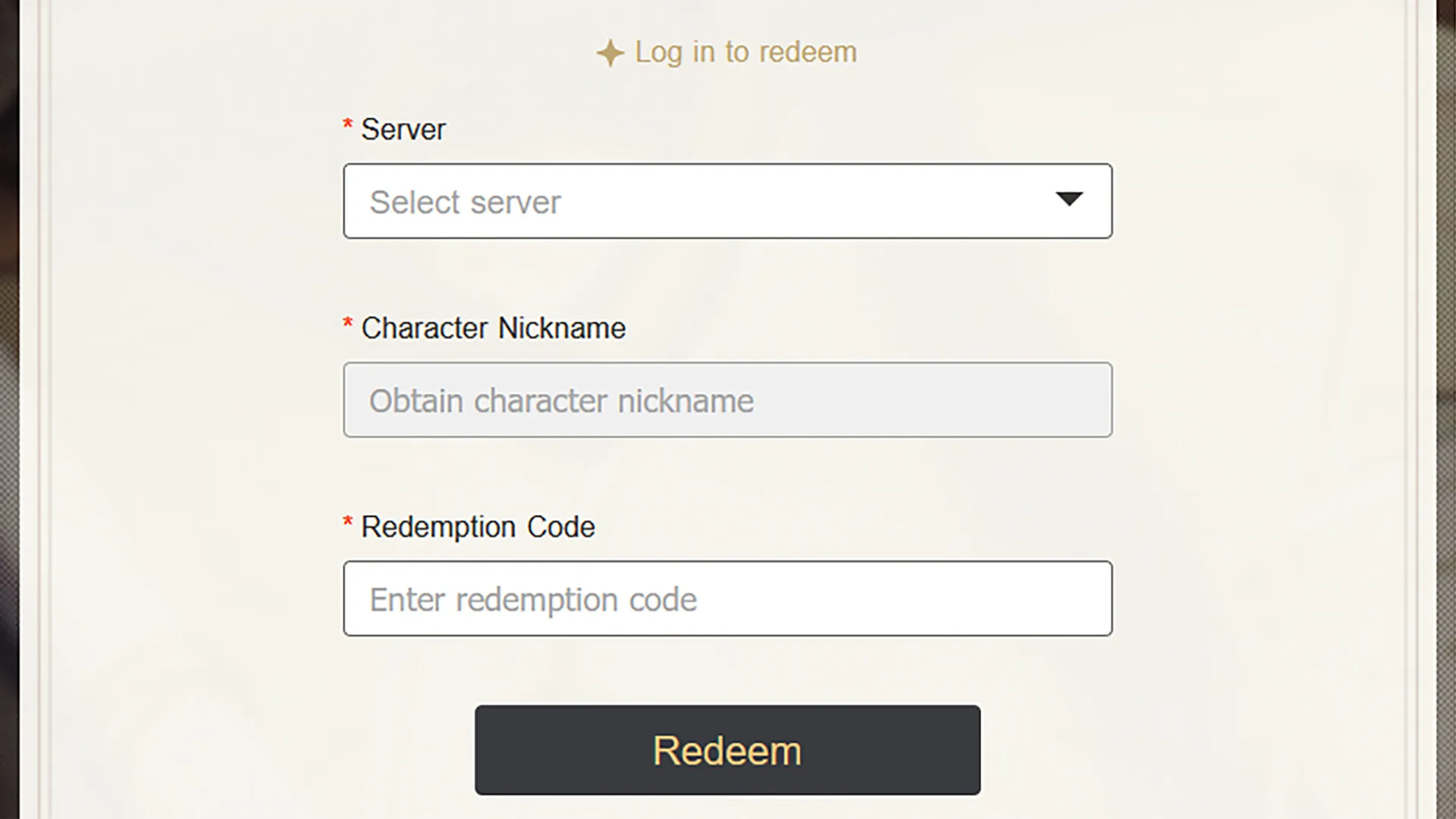 The Genshin Impact code redemption screen on the official website