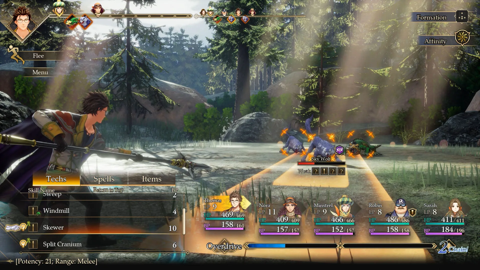 Thomas prepares a Skewer attack against a Sky Wolf and other enemies in a woodland battle in Romancing SaGa 3: Destinies United