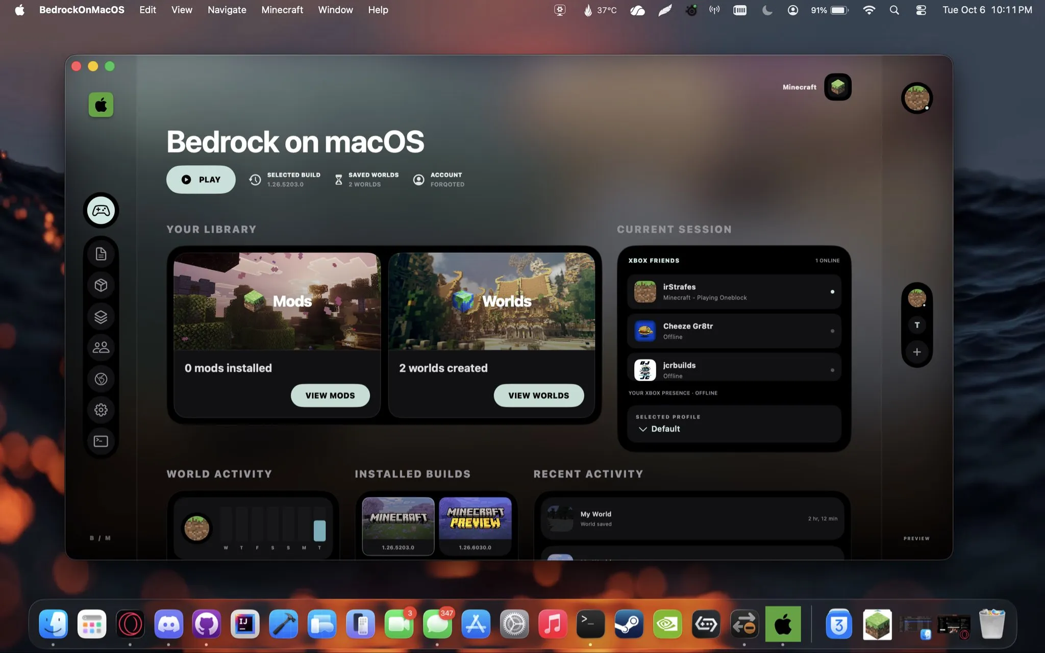 Screenshot of the Blockintosh launcher running on macOS, showing Minecraft Bedrock Edition with access to mods, saved worlds, installed builds, and an Xbox friends list.