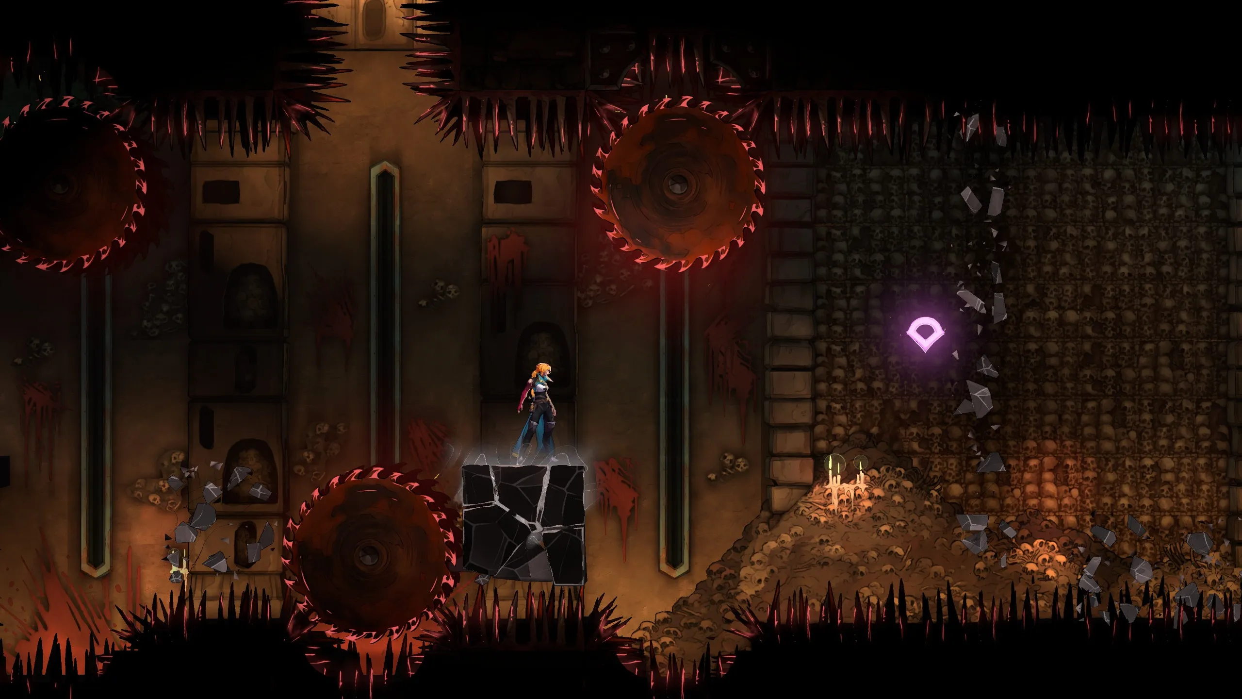 A room full of bloody saw blades in Castlevania: Belmont's Curse