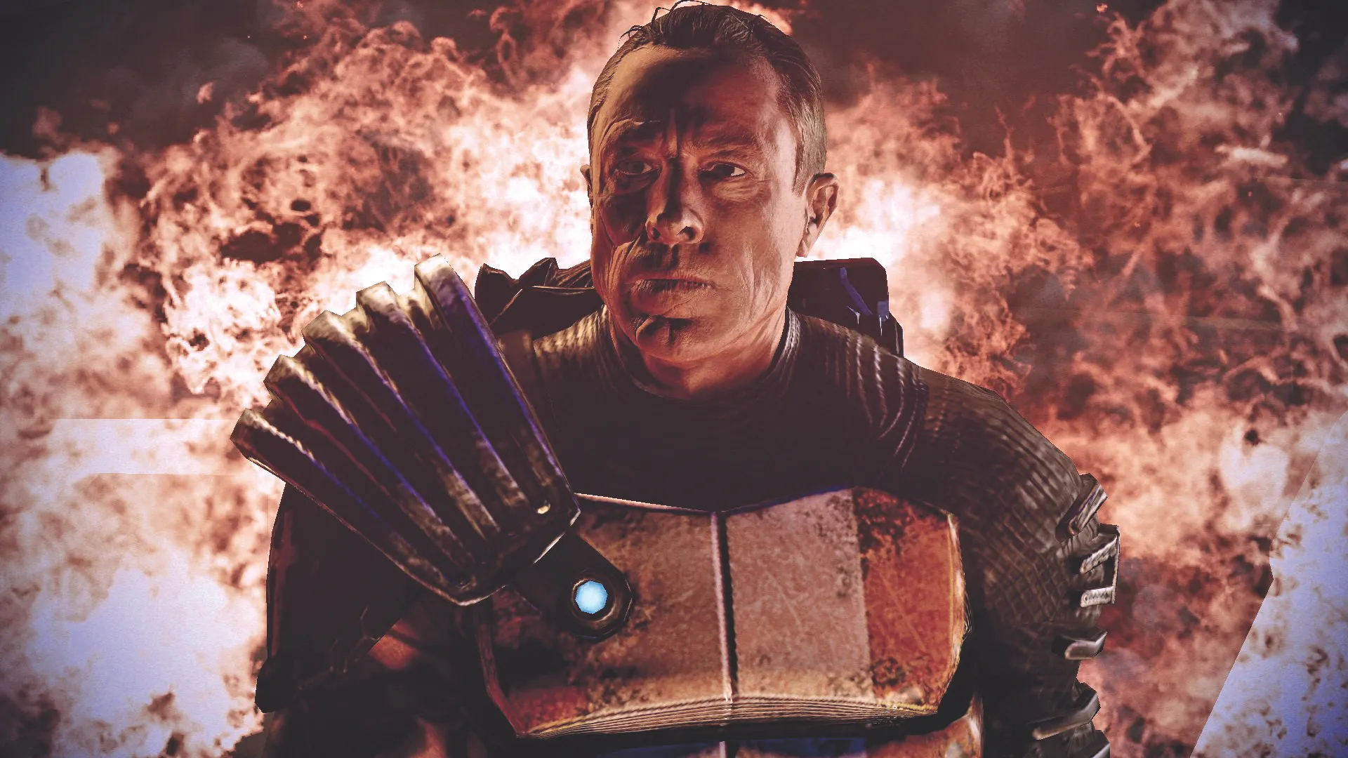Mass Effect 2 character in front of fire