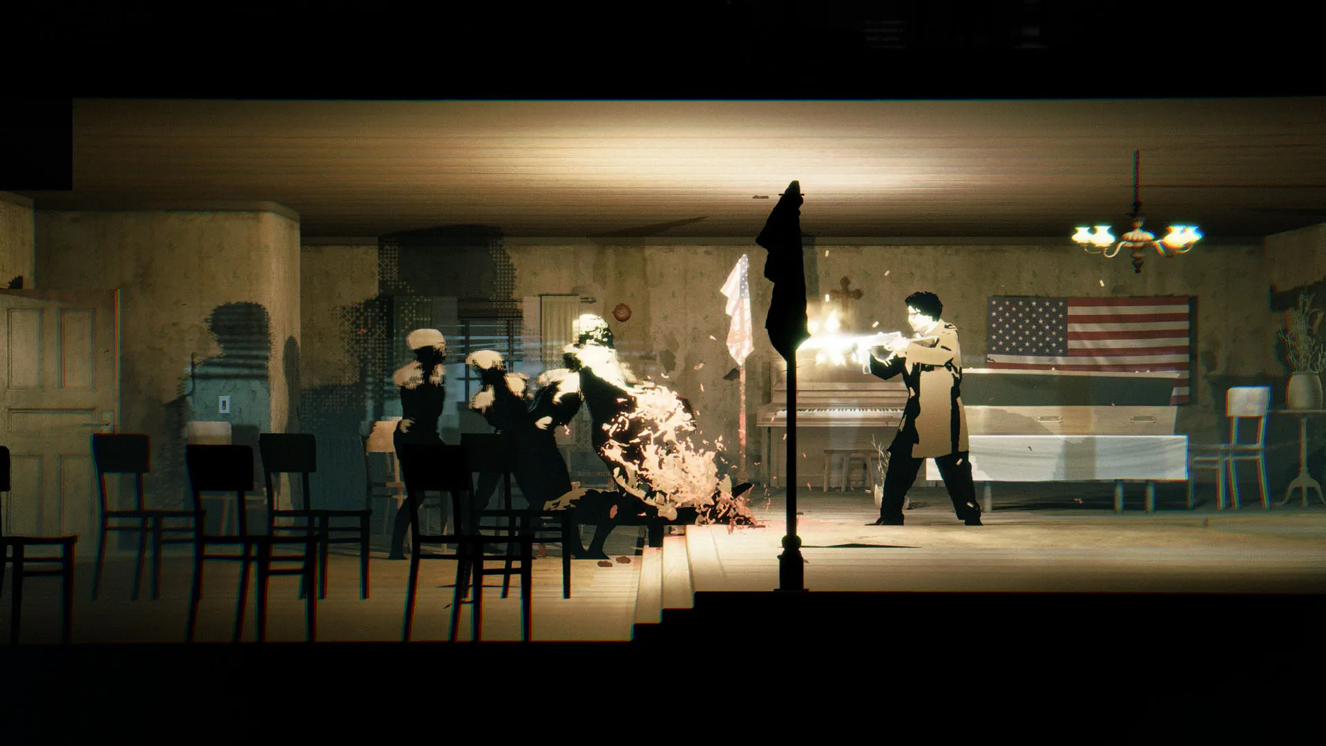 A group of monsters shambles towards Walker in a room with lots of chairs in Silver Pines as he shoots them down