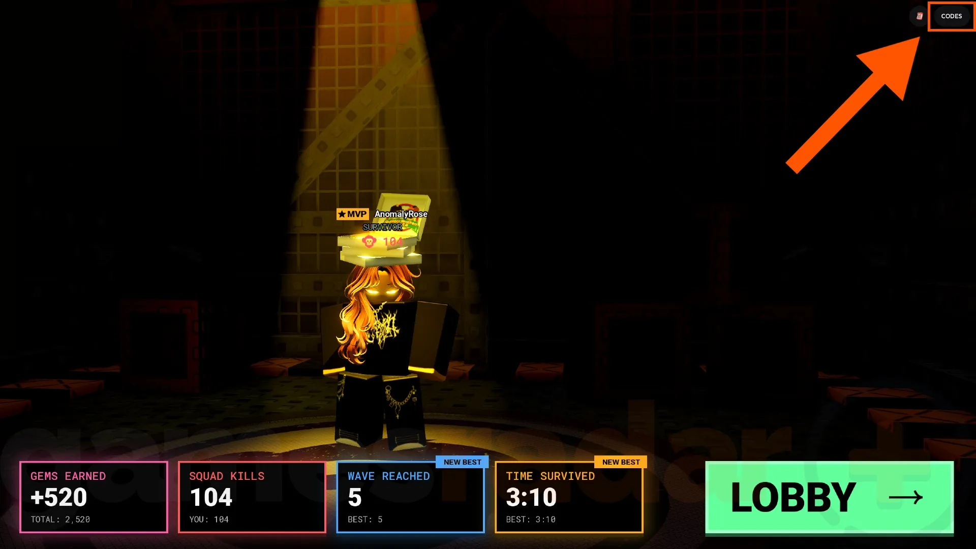 An orange arrow points to the Survive a Million Monkeys codes redemption button in the top-right of the game screen.