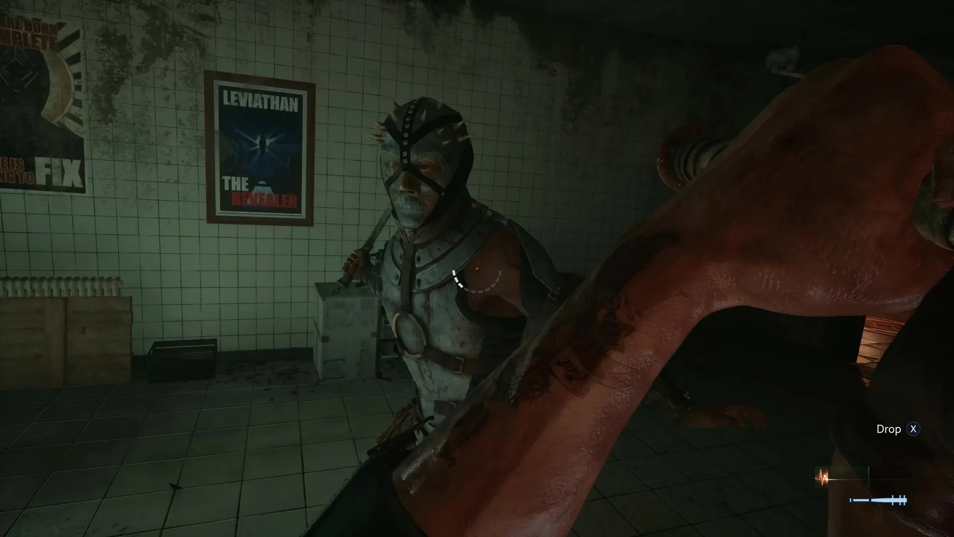Swinging a bat against a metal armored enemy in Hellraiser: Revival