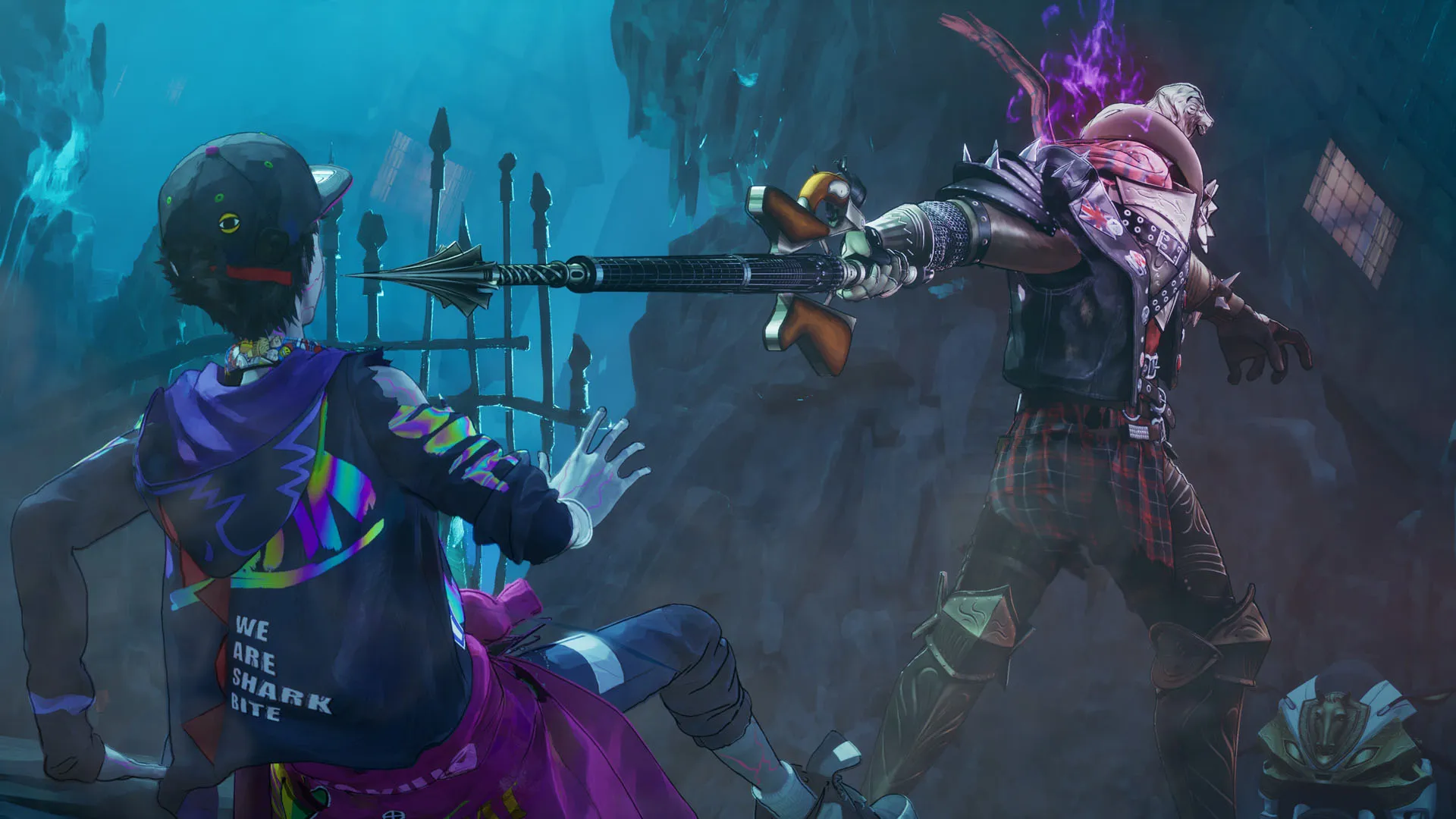An enemy with a nib-tipped sword holds it up in Davy's face in Stupid Never Dies
