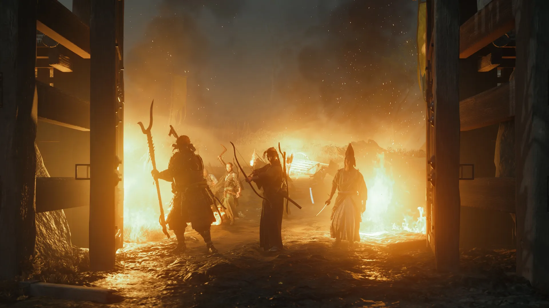Ghost of Yotei Complete Edition screenshot of several Vipers opening a door with fire behind them