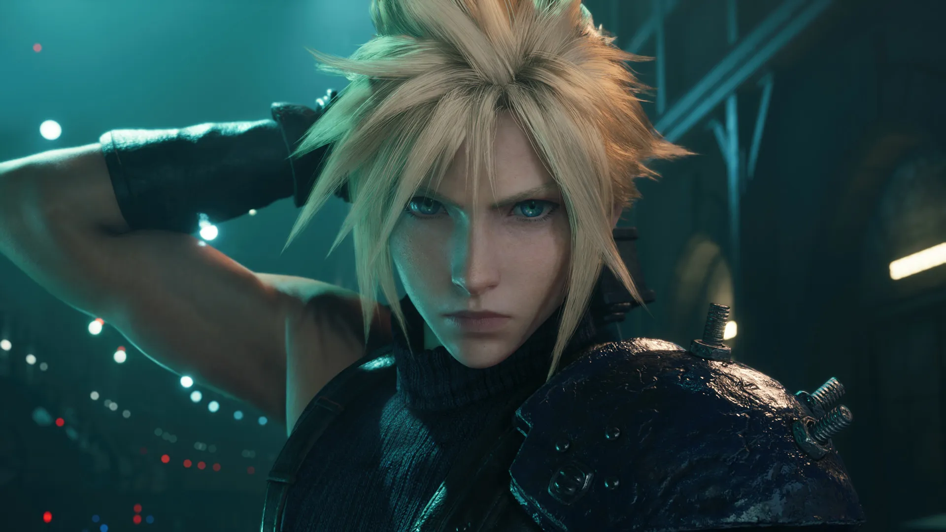 A close up of Cloud reaching for his sword in a cutscene of the game, Final Fantasy 7 Remake