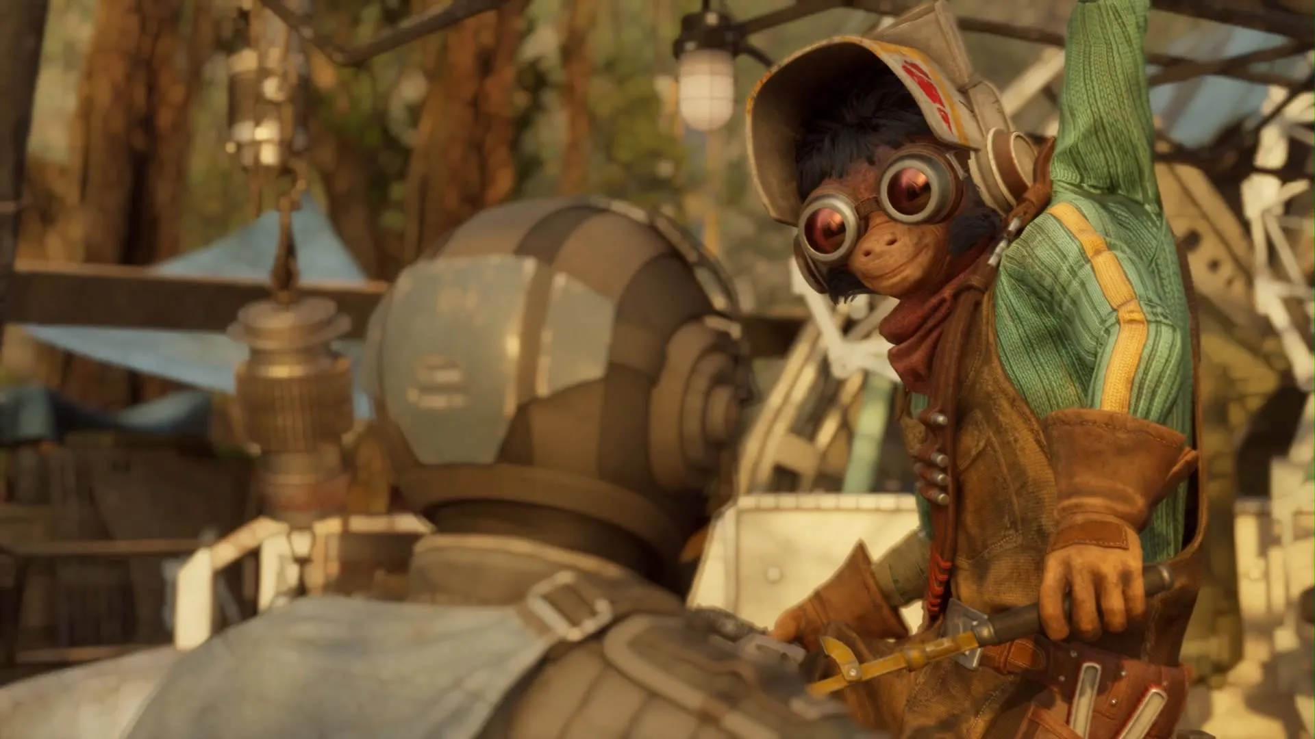Star Wars Galactic Racer mechanic Hibi talking to Shade in the paddock