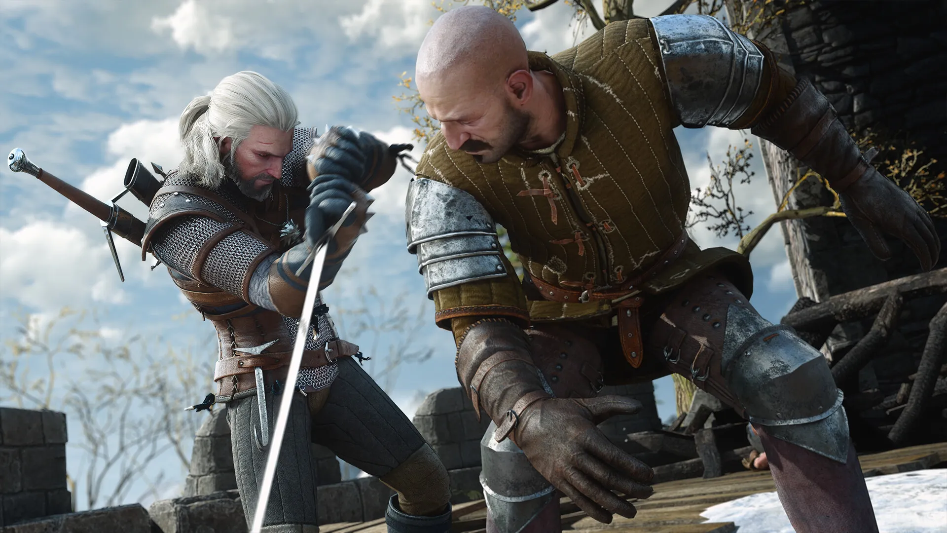 Geralt of Rivia fighting an enemy during a moment in The Witcher 3: Wild Hunt Remastered