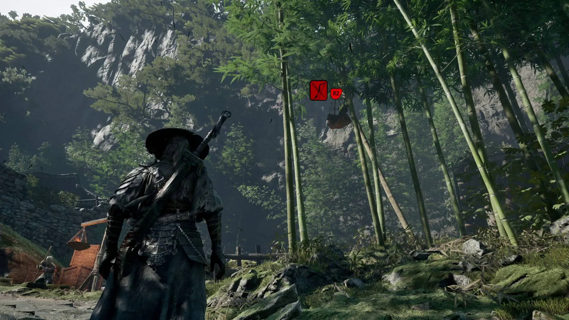 Phantom Blade Zero Soul looking at hanging sack in bamboo tree that can't be reached without shooting it with a ranged Phantom Edge