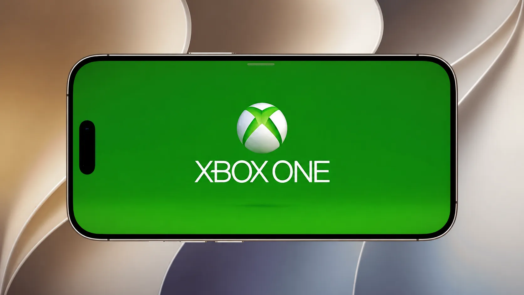 An iPhone displaying the Xbox One logo on a green screen, illustrating Xbox One games running on iOS.
