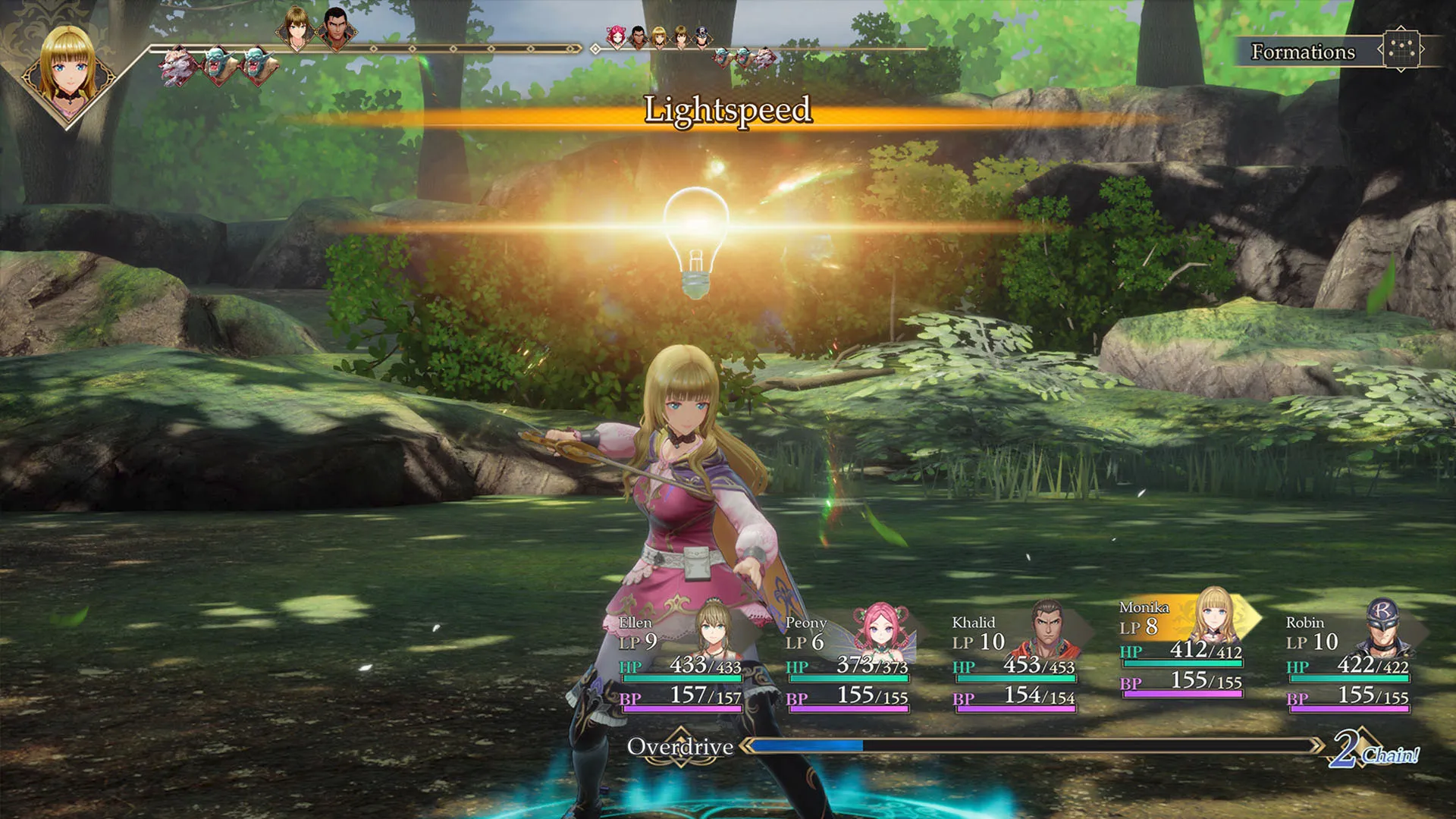 Monika has an idea while using Lightspeed in battle in Romancing SaGa 3: Destinies United