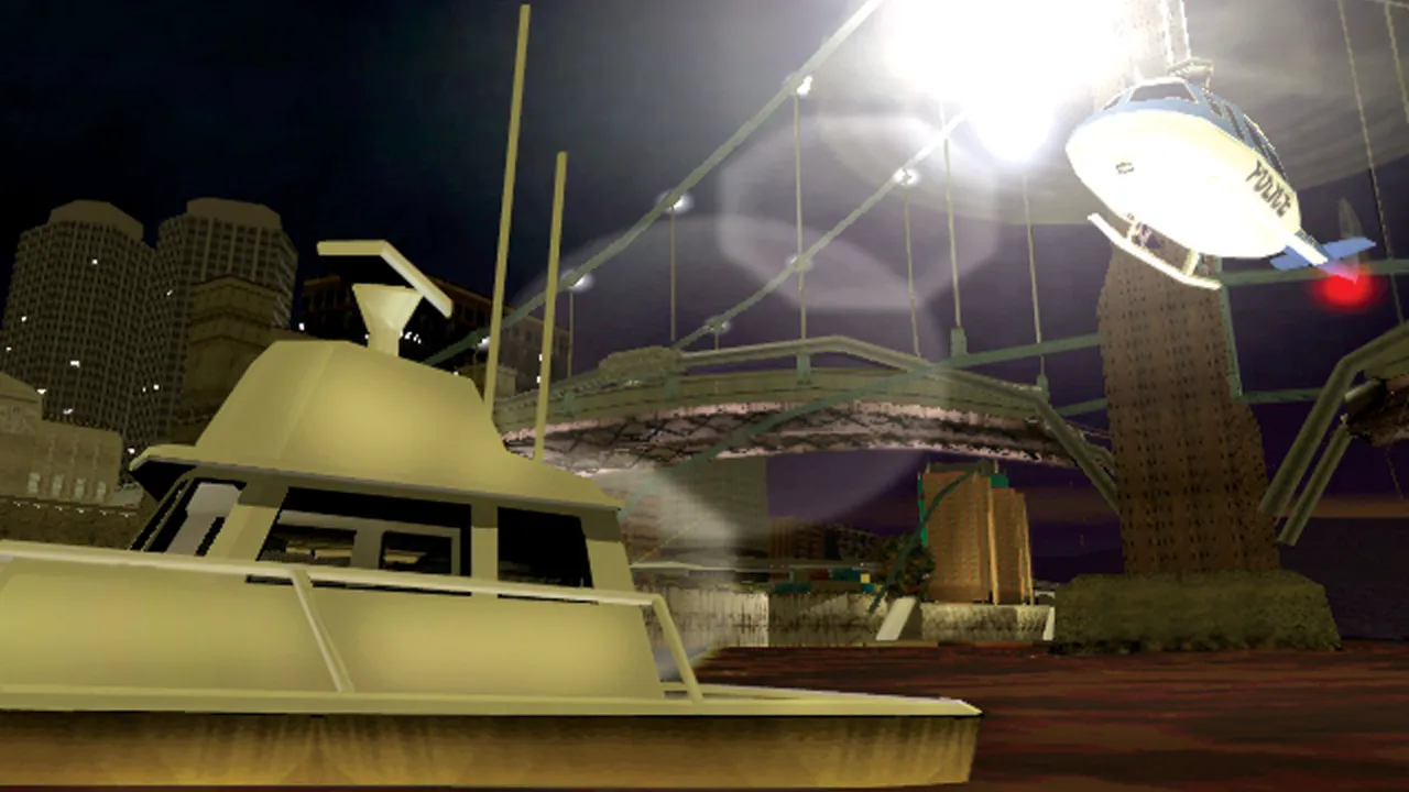 A helicopter shines a spotlight on a boat in Grand Theft Auto 3, from the PLAY Magazine GTA 3 20th anniversary Making Of feature