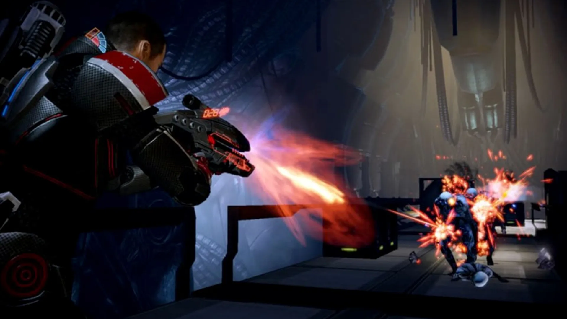 Shepard shooting a wave of husks during the shooter, Mass Effect 2.