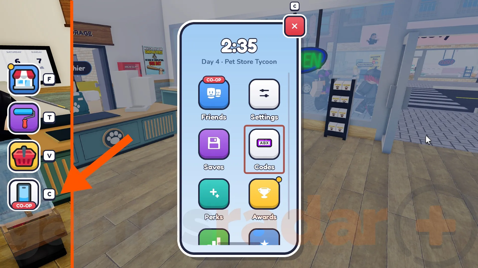 An orange arrow points to the phone button where you can open your cell phone and redeem Pet Store Tycoon codes.